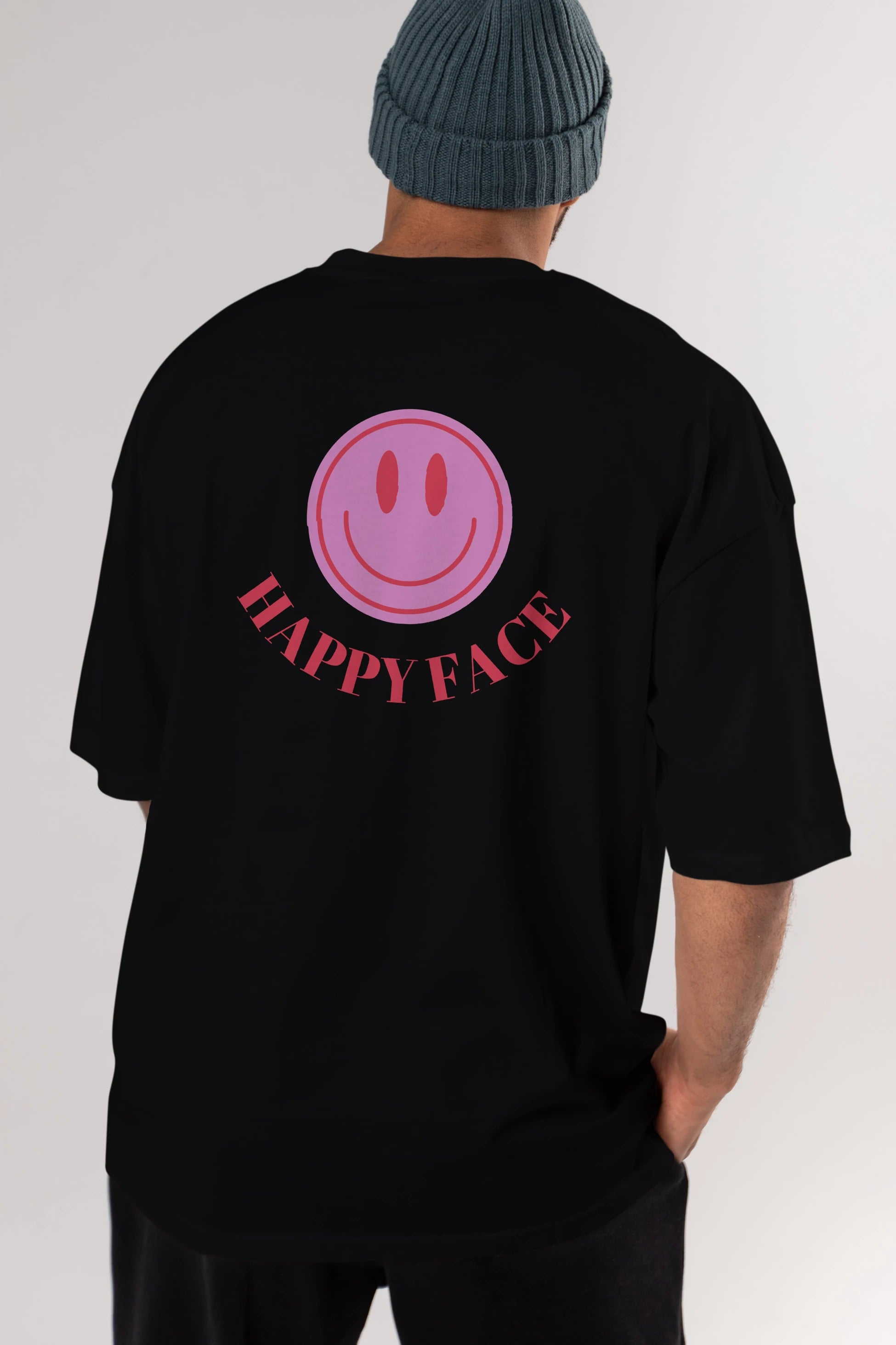 Happy Face Yazılı Arka Baskılı Oversize t-shirt Erkek Kadın Unisex