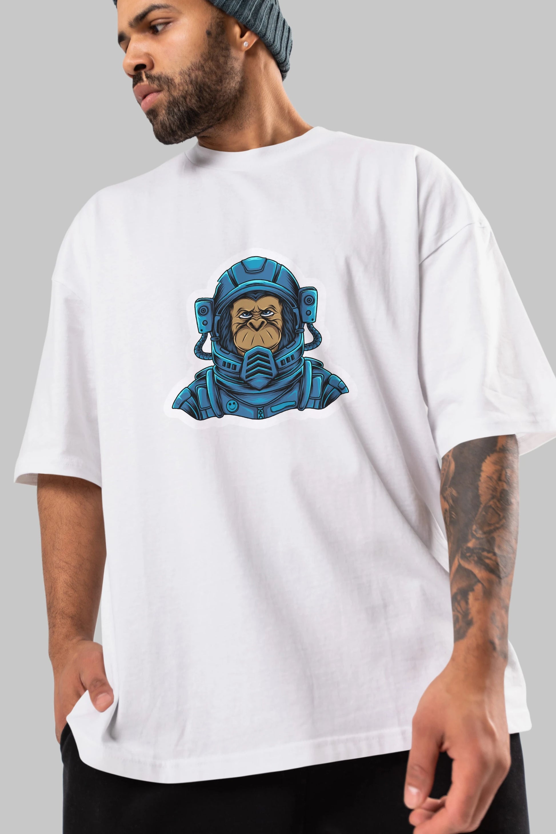 Astromonkey Sticker Ön Baskılı Oversize t-shirt Erkek Kadın Unisex