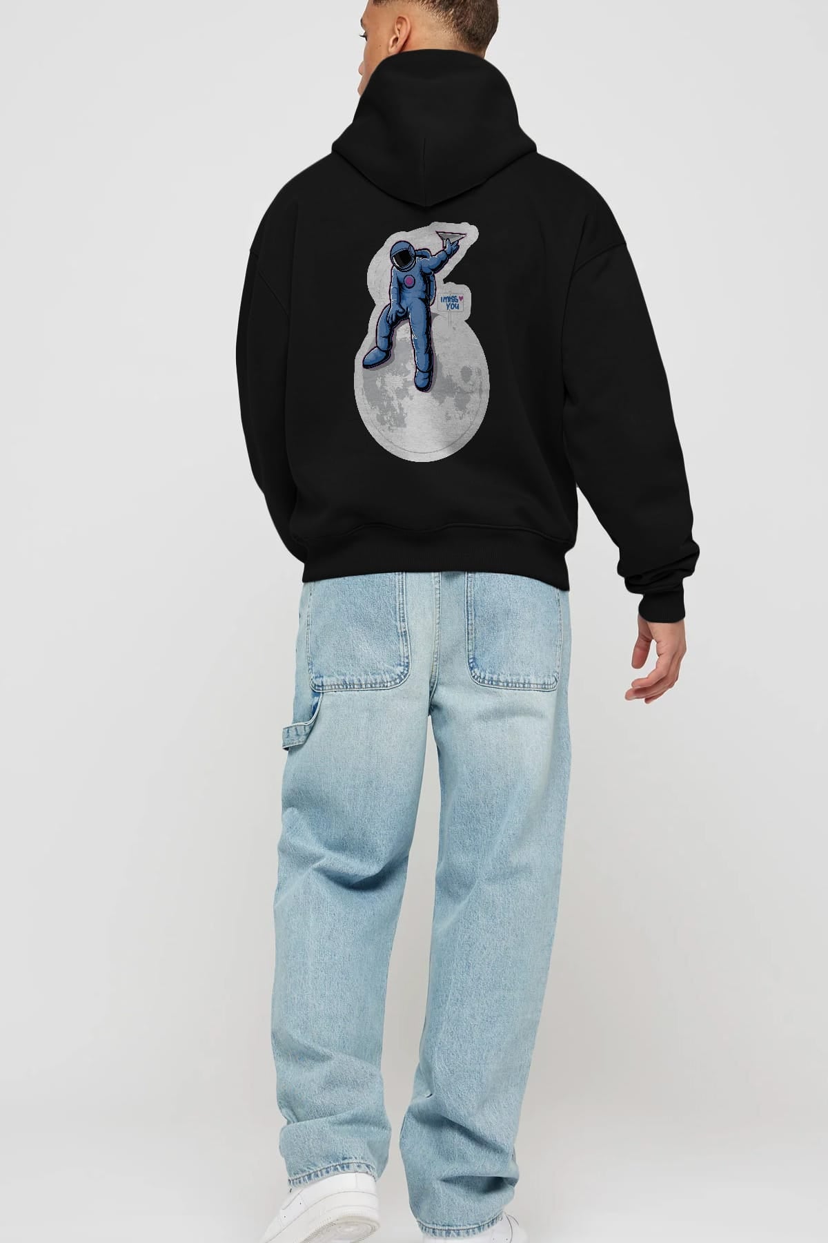 Astro Missing Earth Sticker Arka Baskılı Hoodie Oversize Kapüşonlu Sweatshirt Erkek Kadın Unisex