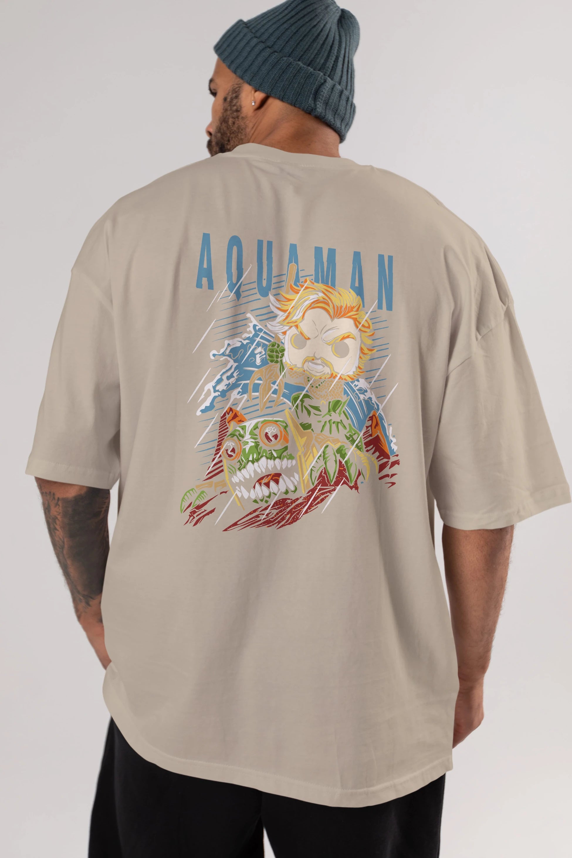 Aquaman Arka Baskılı Oversize t-shirt Erkek Kadın Unisex %100 Pamuk Bisiklet Yaka tişort