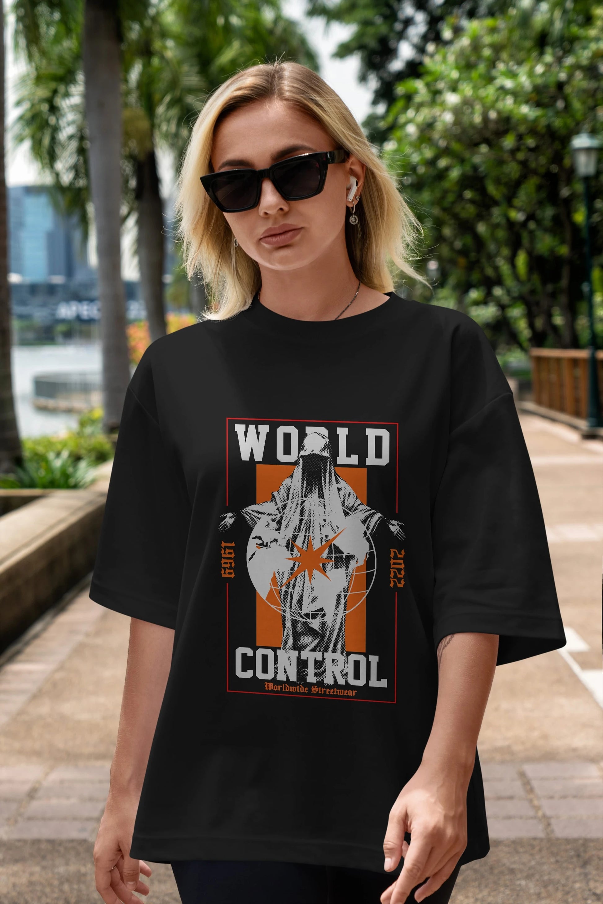 World Control Ön Baskılı Oversize t-shirt Erkek Kadın Unisex