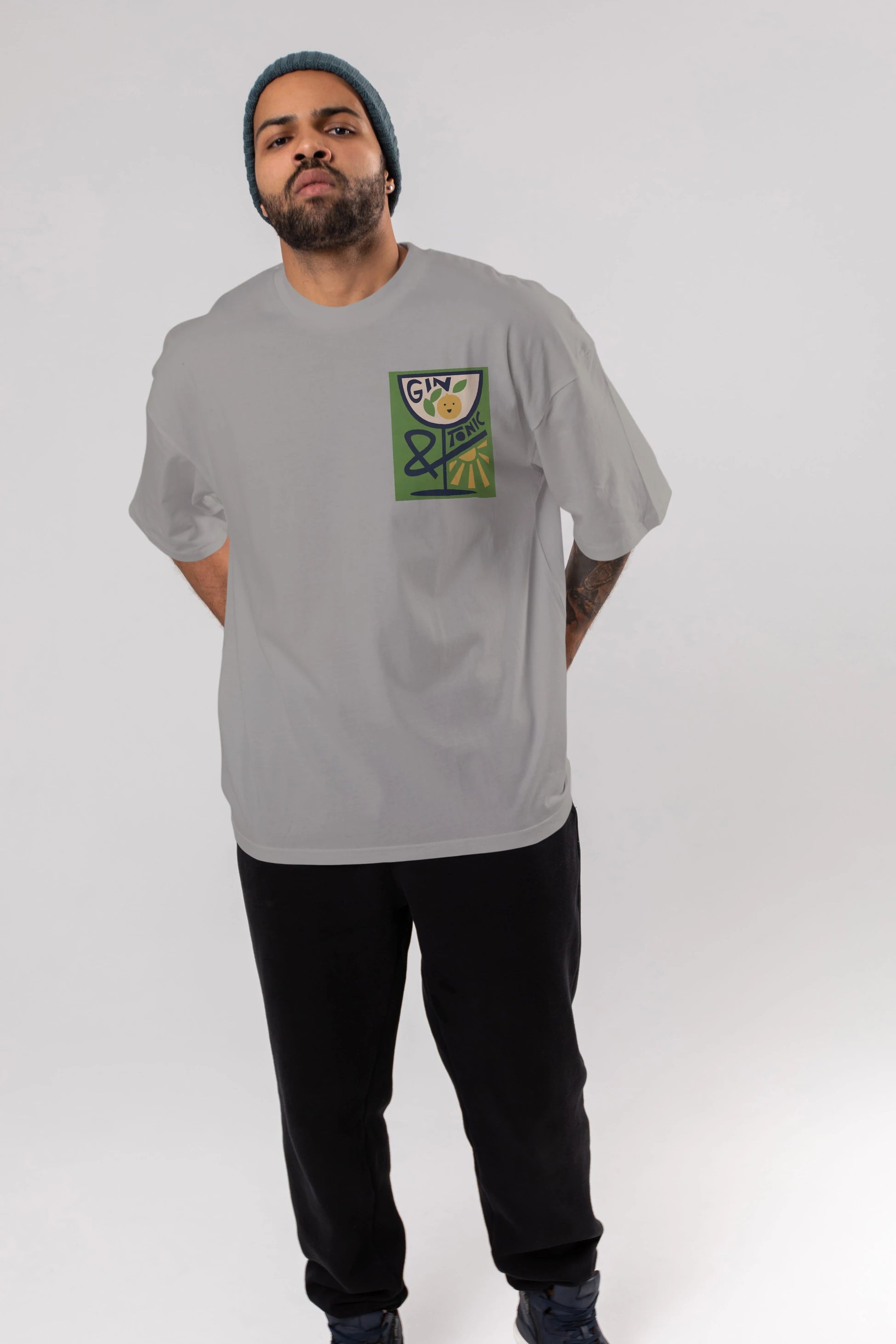 Gin Tonic 3 Ön Sol Baskılı Oversize t-shirt Erkek Kadın Unisex %100 Pamuk Bisiklet Yaka tişort
