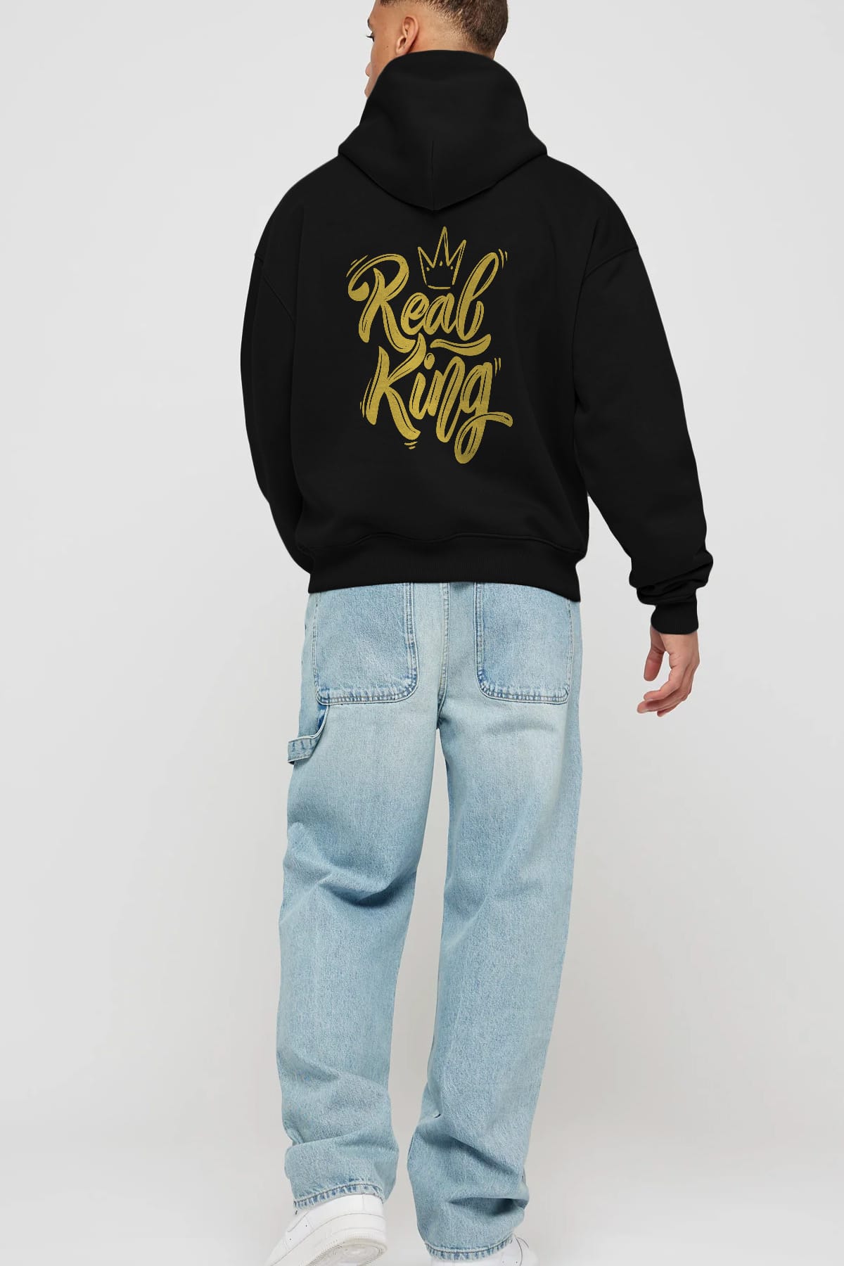Real King Yazılı Arka Baskılı Oversize Hoodie Kapüşonlu Sweatshirt Erkek Kadın Unisex