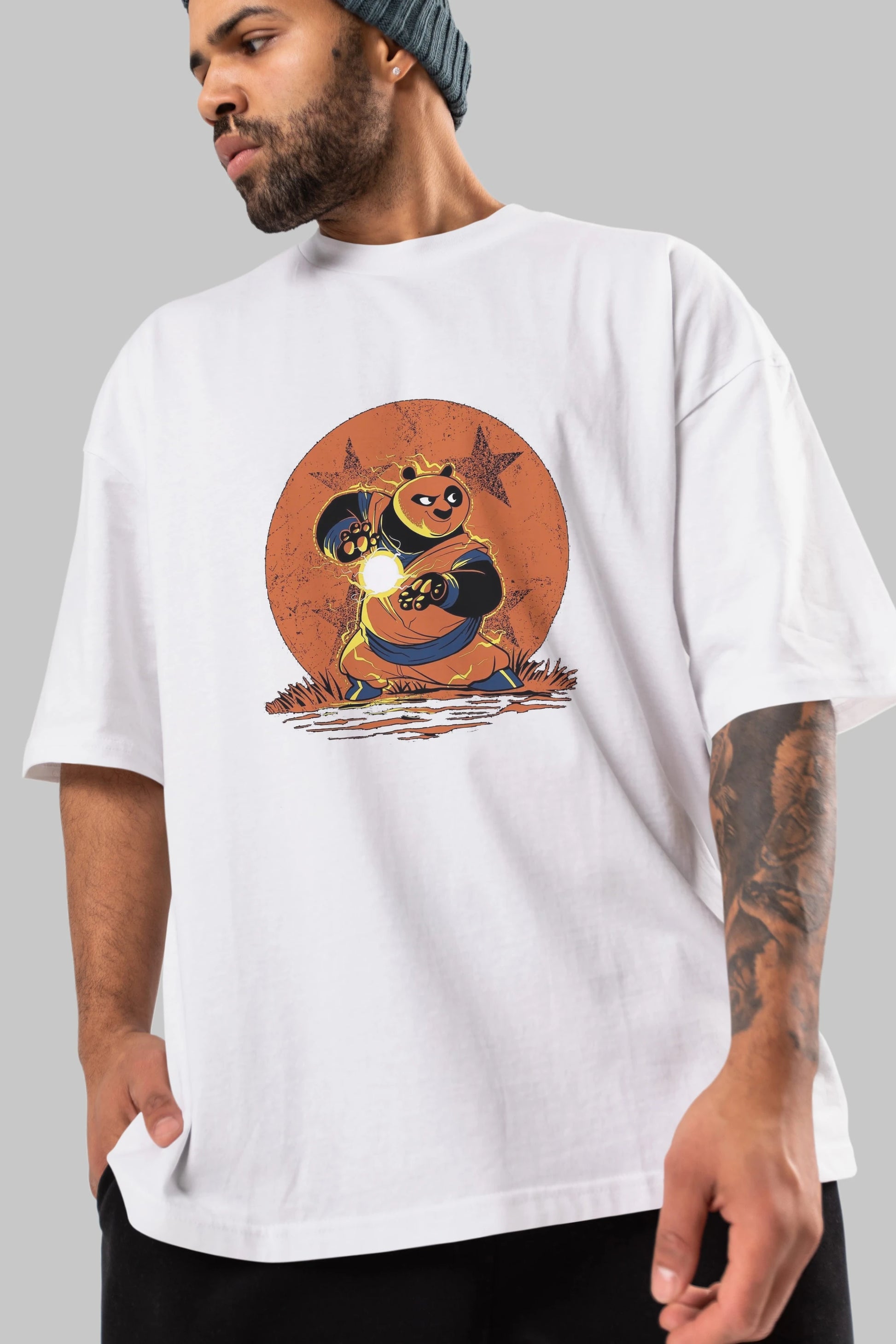 Kung Fu Panda Ön Baskılı Oversize t-shirt Erkek Kadın Unisex %100 Pamuk Bisiklet Yaka tişort