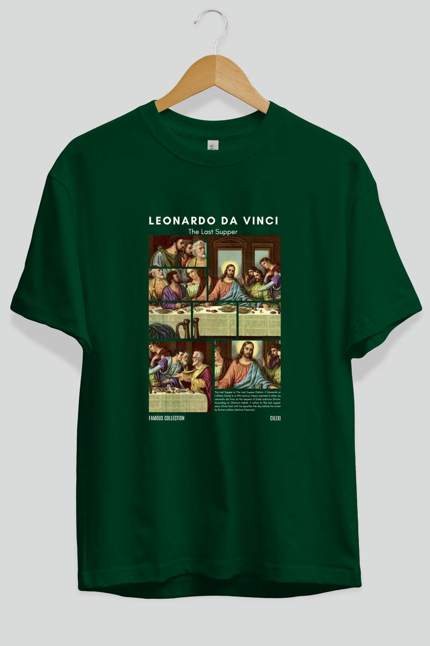 Leonardo Da Vinci ön Baskılı Oversize t-shirt Erkek Kadın Bisiklet Yaka Pamuk tişort