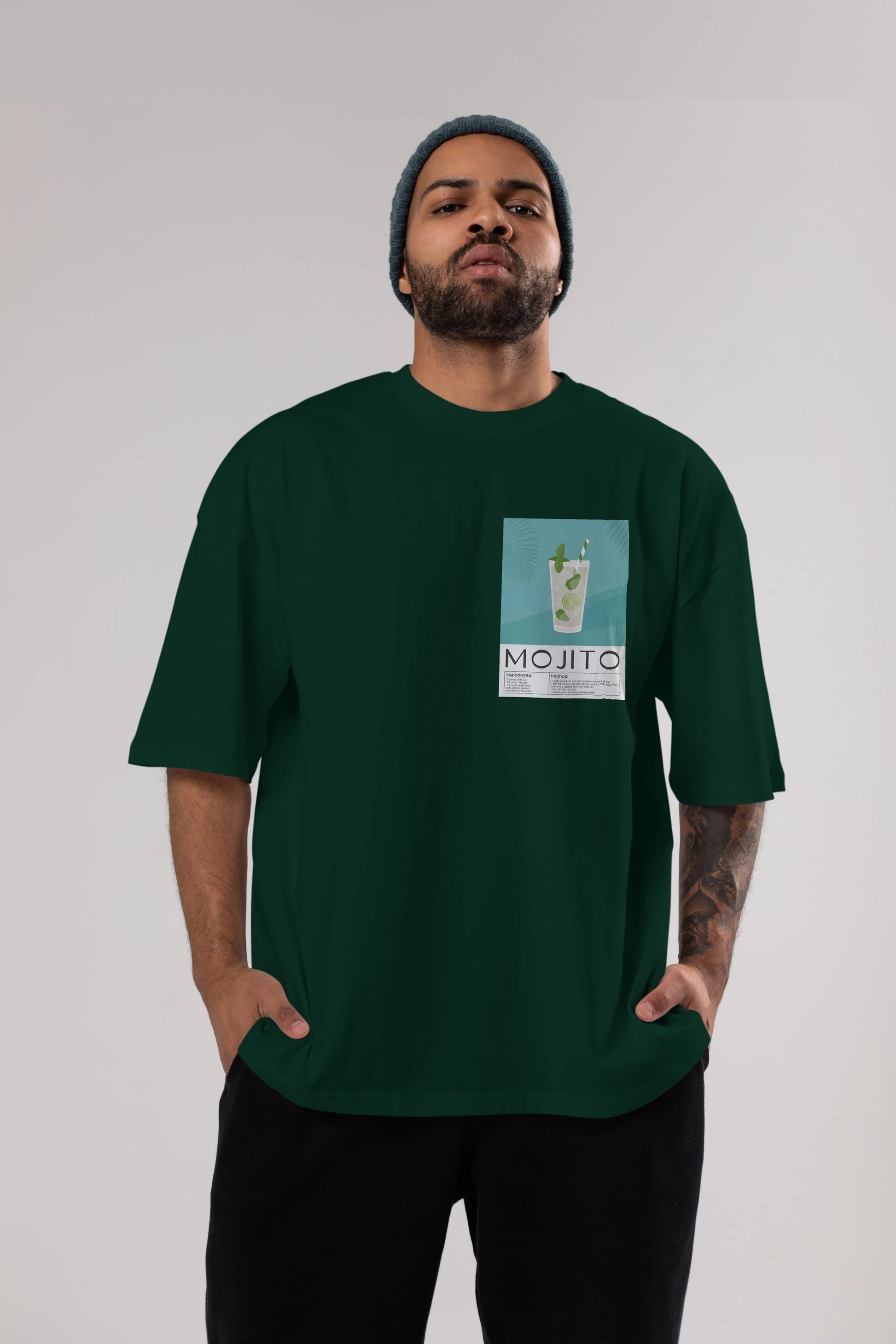 Mojito 4 Ön Sol Baskılı Oversize t-shirt Erkek Kadın Unisex %100 Pamuk Bisiklet Yaka tişort