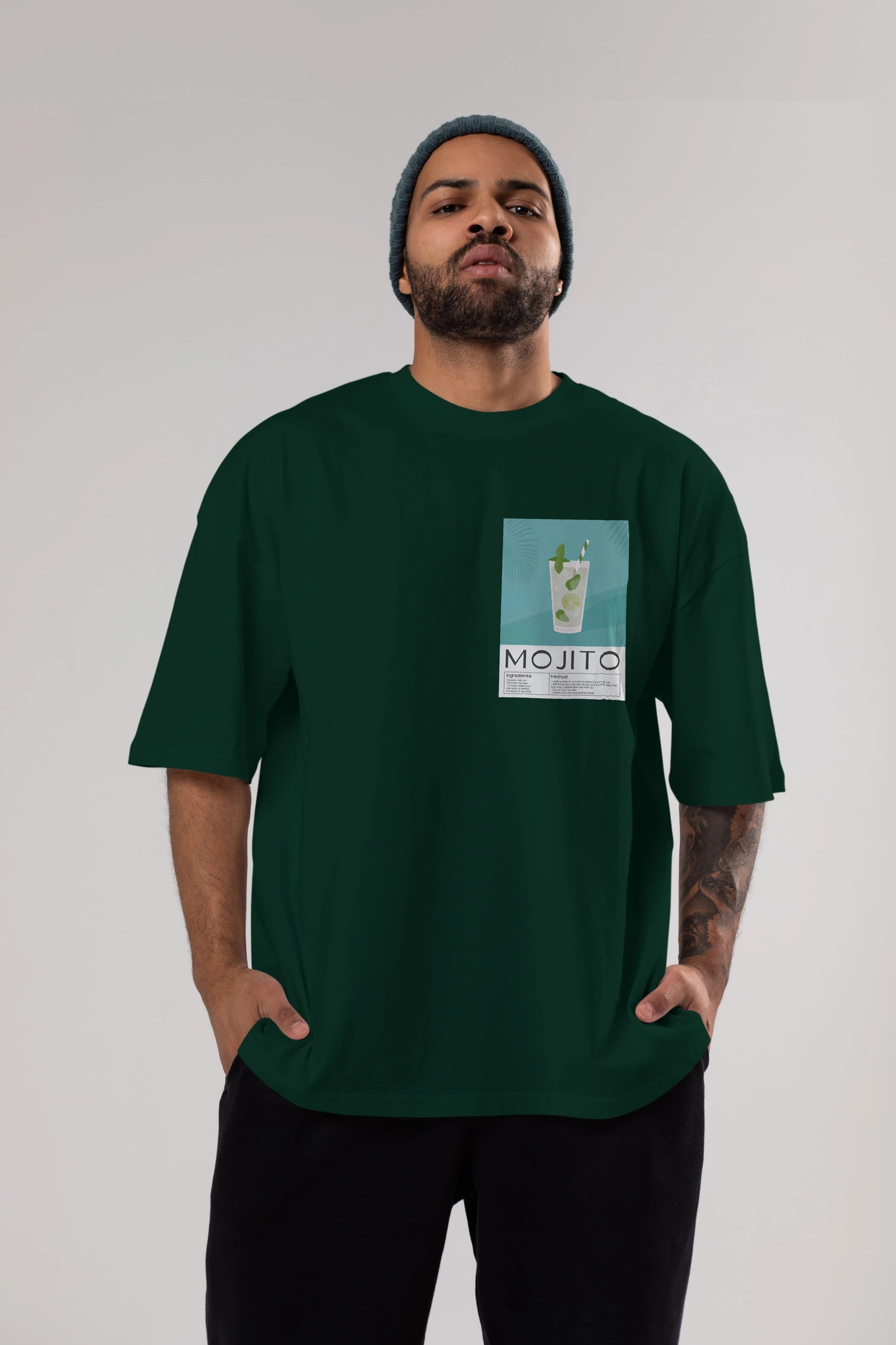 Mojito 4 Ön Sol Baskılı Oversize t-shirt Erkek Kadın Unisex %100 Pamuk Bisiklet Yaka tişort