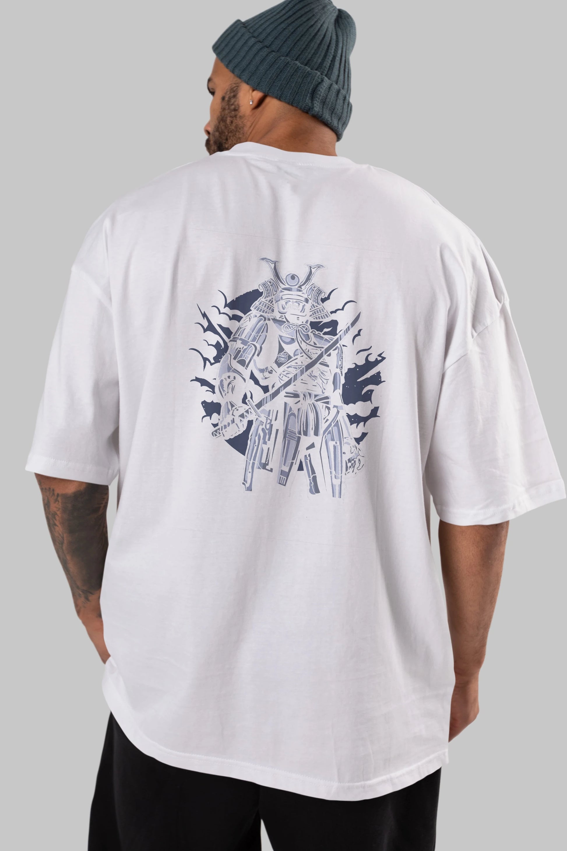 Samurai Robot Skull Arka Baskılı Oversize t-shirt Erkek Kadın Unisex %100 Pamuk