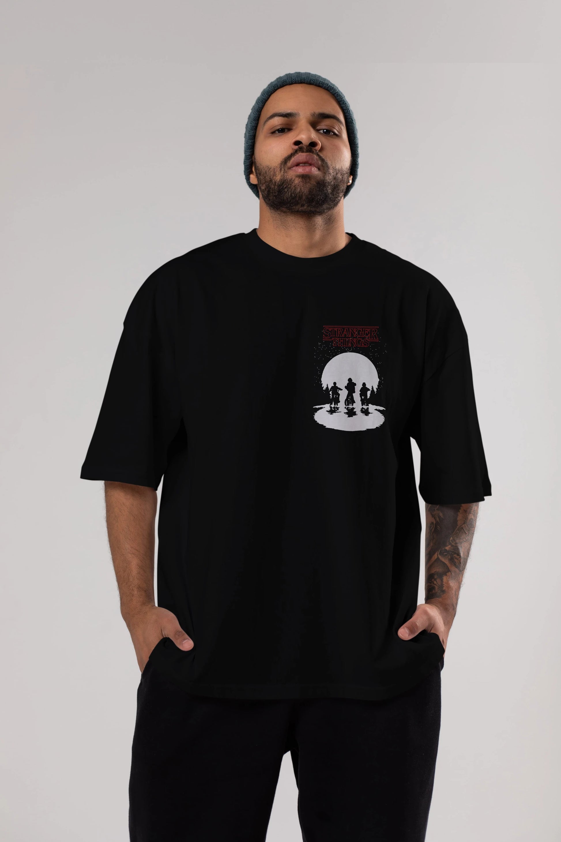 Stranger Things Ön Sol Baskılı Oversize t-shirt Erkek Kadın Unisex %100 Pamuk Bisiklet Yaka tişort