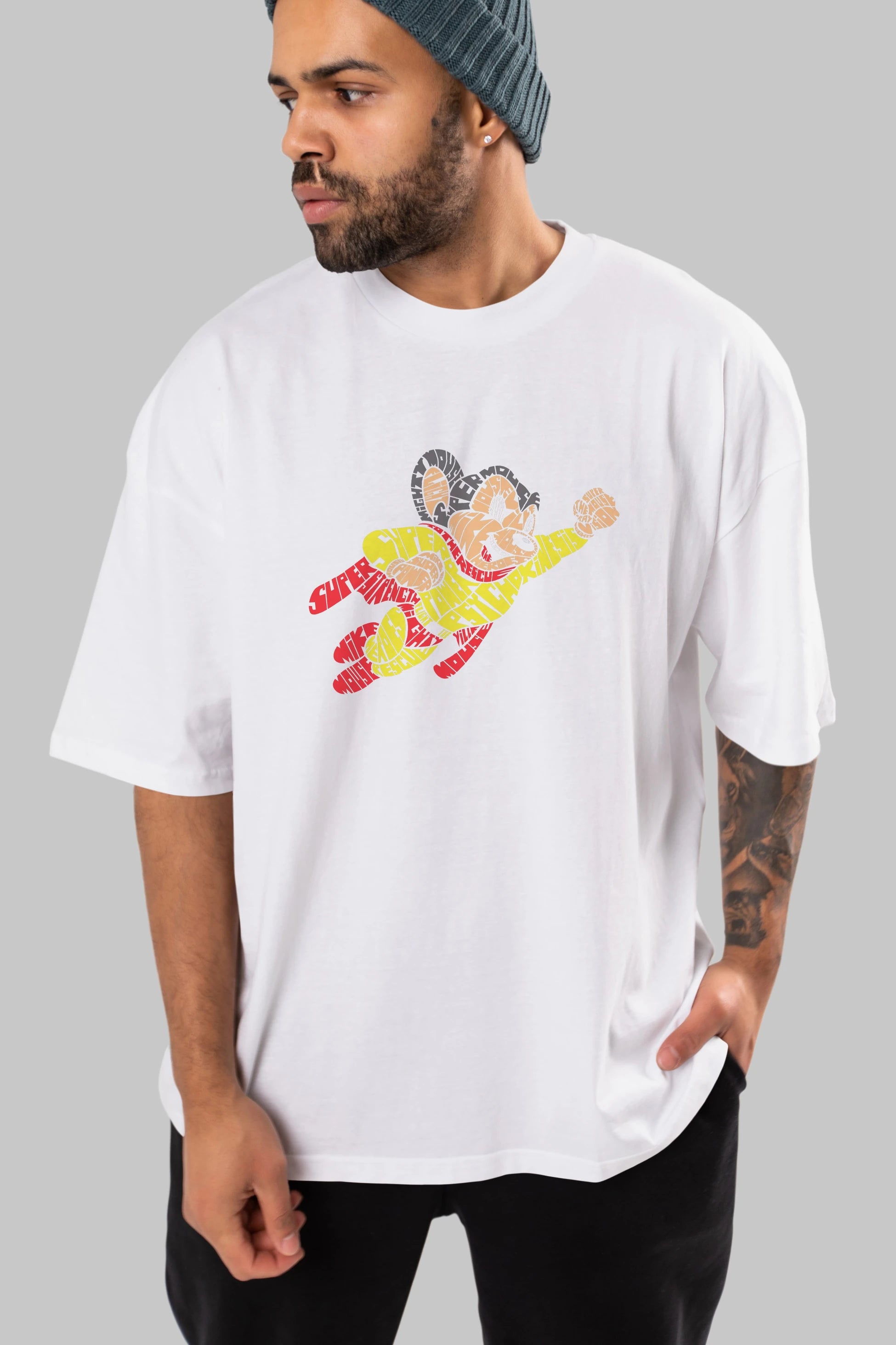 Mighty Mouse Ön Baskılı Oversize t-shirt %100 pamuk Erkek Kadın Unisex