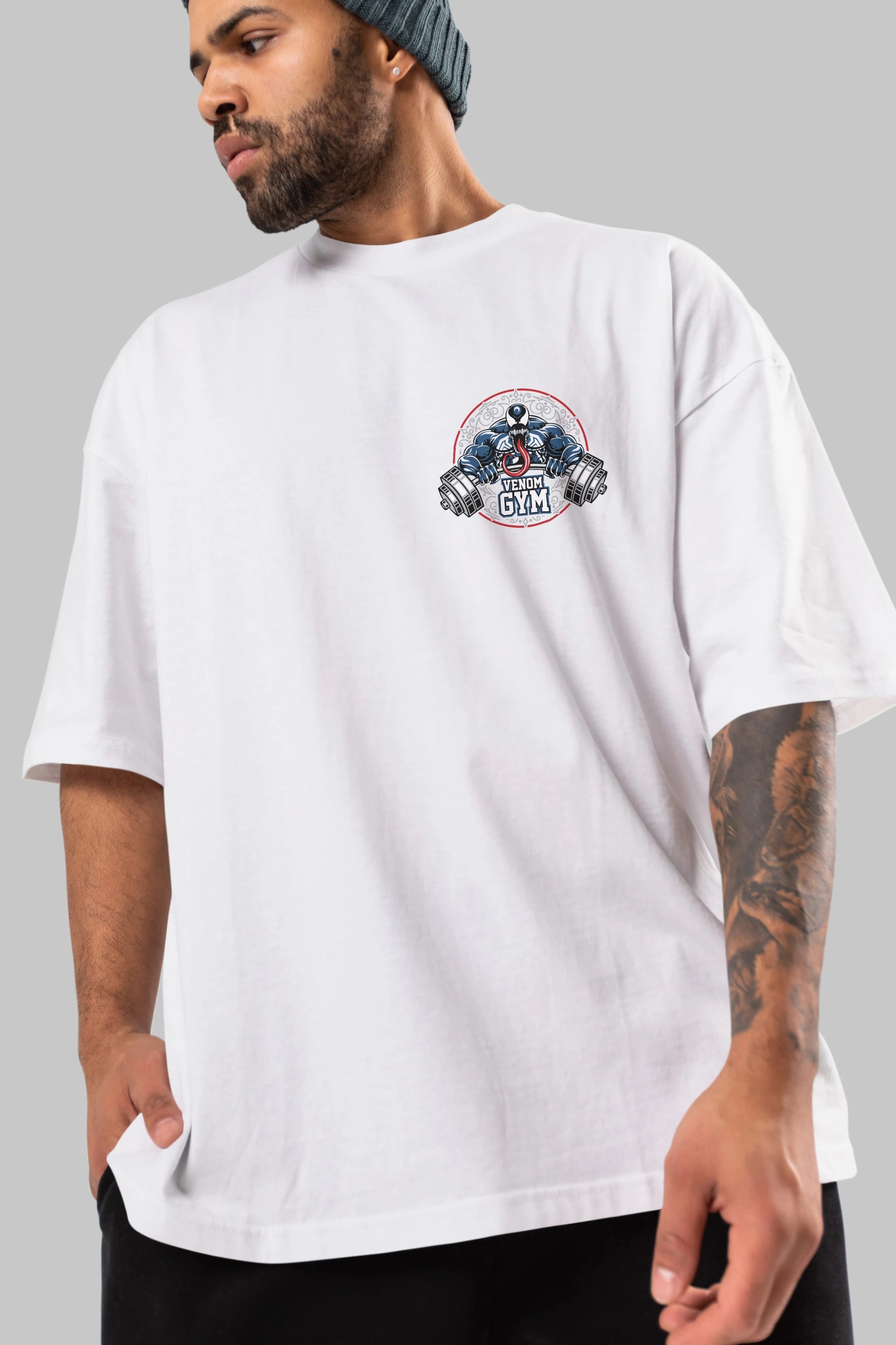 Venom GYM Ön Sol Baskılı Oversize t-shirt Erkek Kadın Unisex %100 Pamuk Bisiklet Yaka tişort