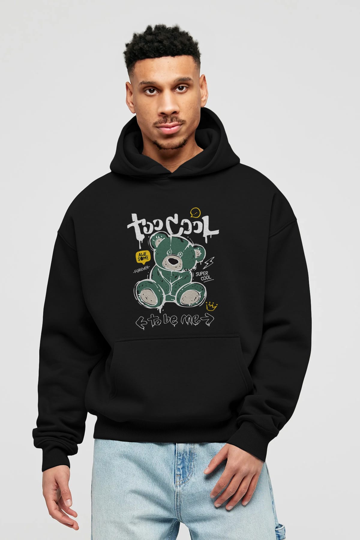 Too Cool Bear Ön Baskılı Hoodie Oversize Kapüşonlu Sweatshirt Erkek Kadın Unisex