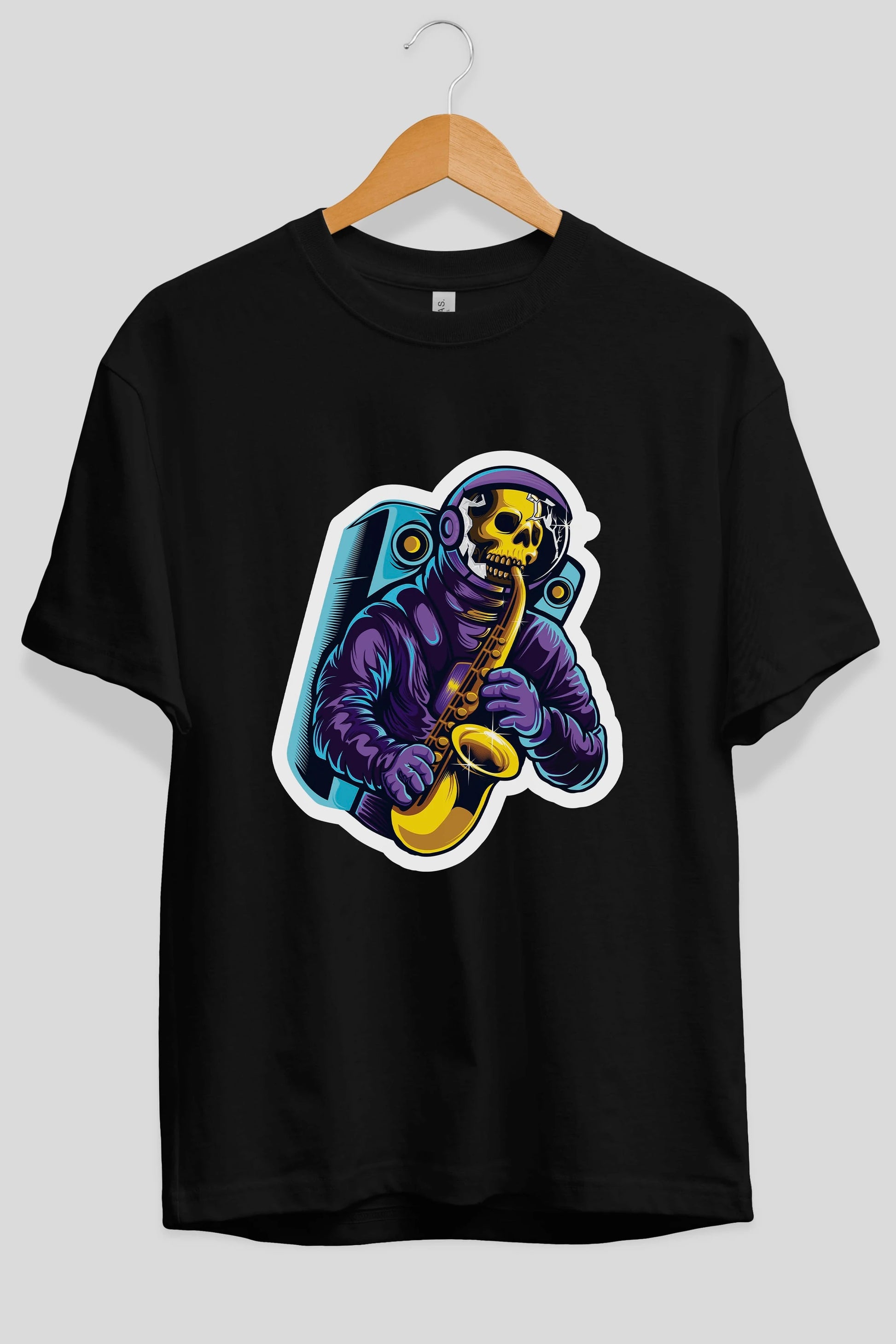 Astroskull Saxophonist Sticker Ön Baskılı Oversize t-shirt Erkek Kadın Unisex