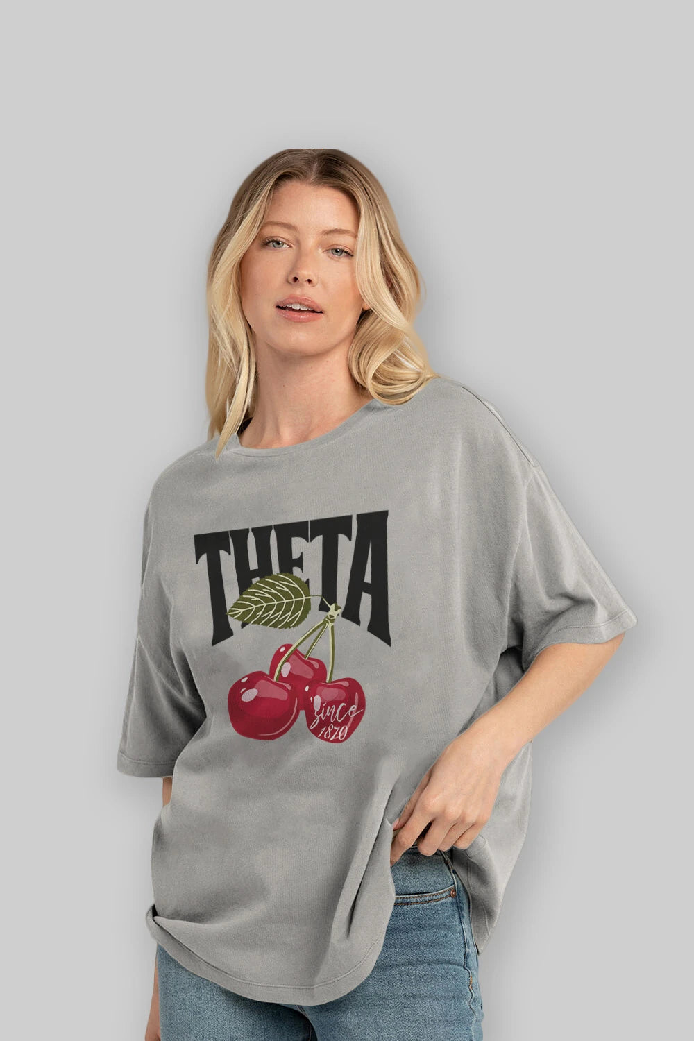 Theta Cherry Cherries Ön Baskılı Oversize t-shirt Erkek Kadın Pamuk Bisiklet Yaka tişort