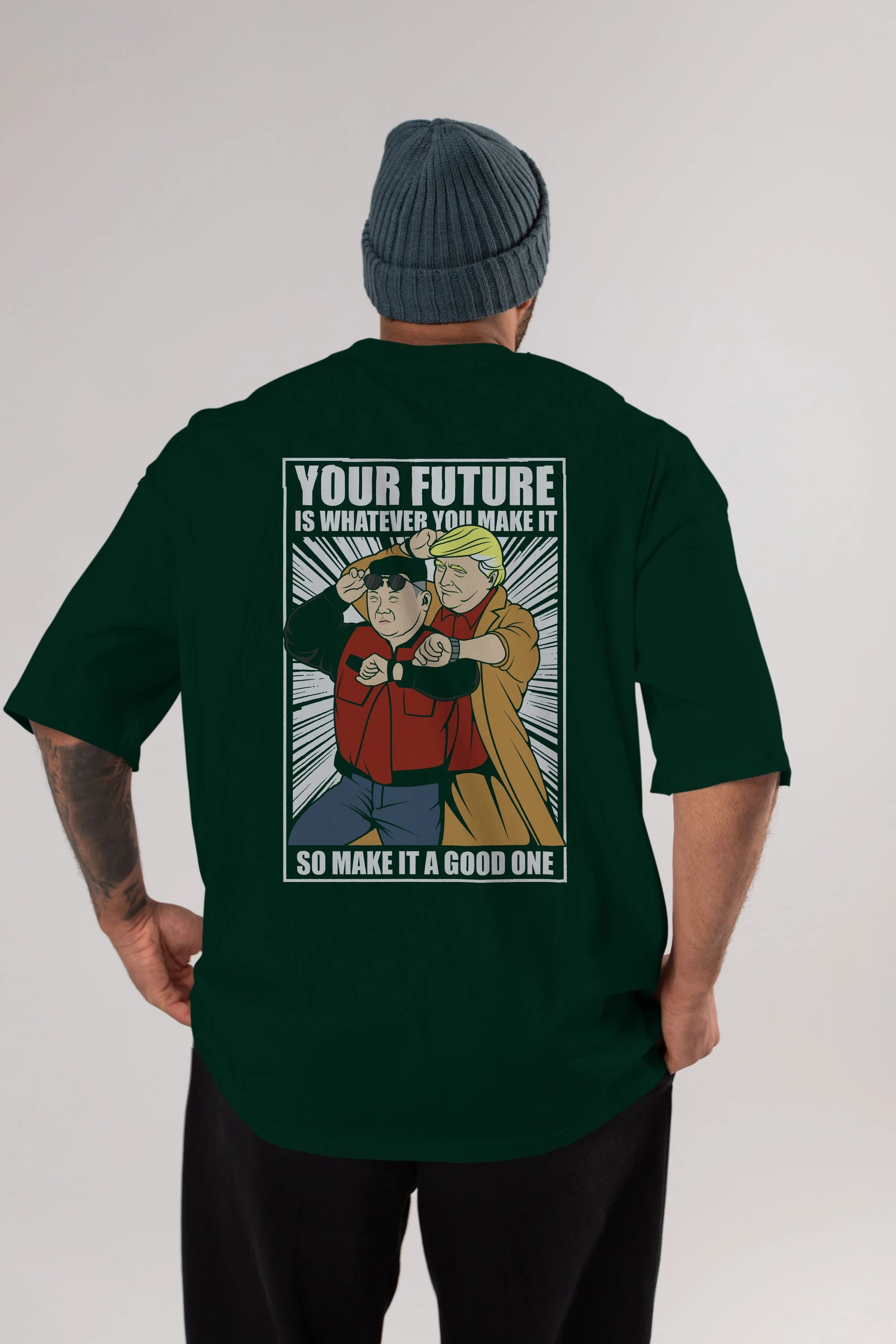 Back To The Future Jong Un Trump Arka Baskılı Oversize t-shirt Erkek Kadın Unisex %100 Pamuk tişort