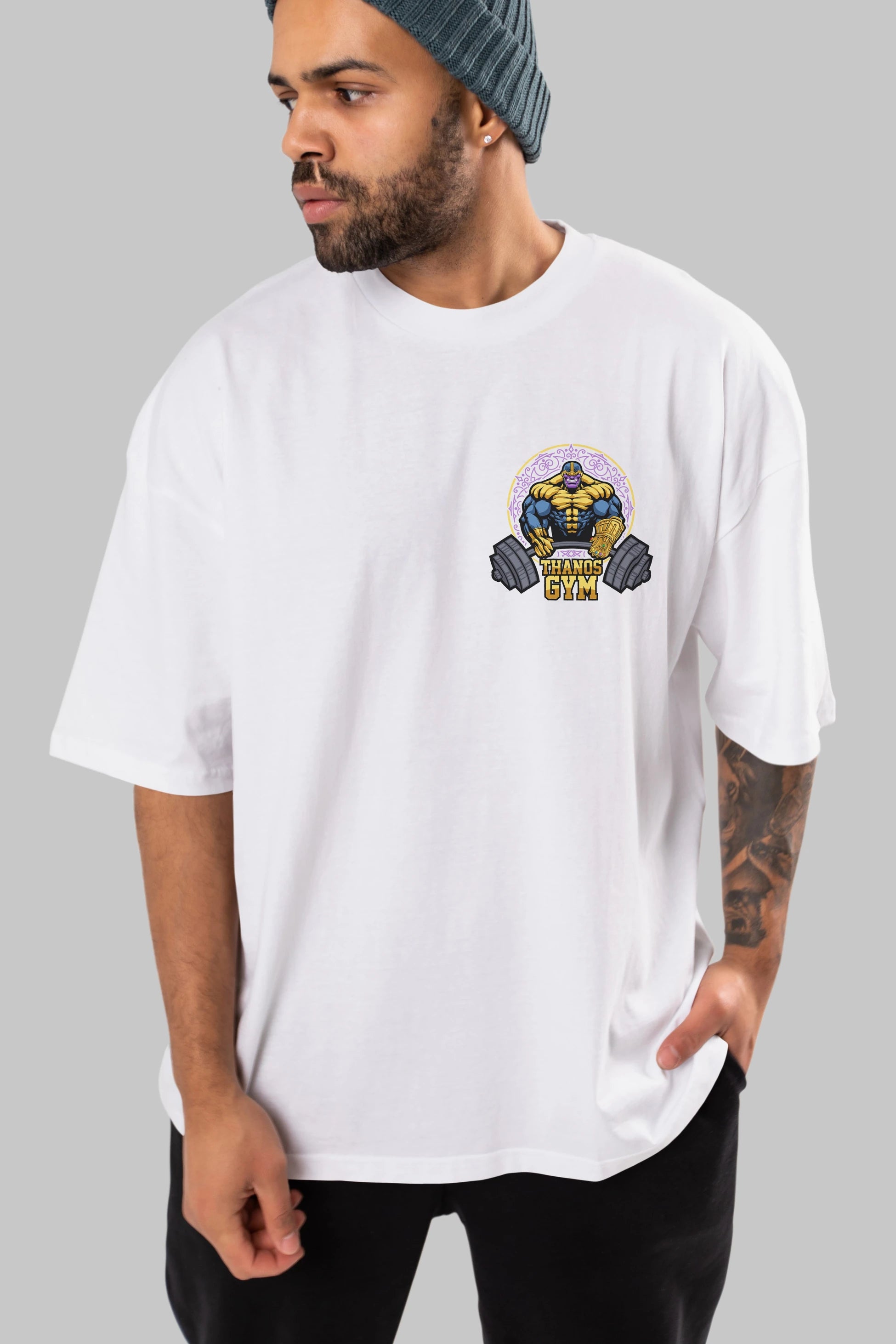Thanos GYM Ön Sol Baskılı Oversize t-shirt Erkek Kadın Unisex %100 Pamuk Bisiklet Yaka tişort