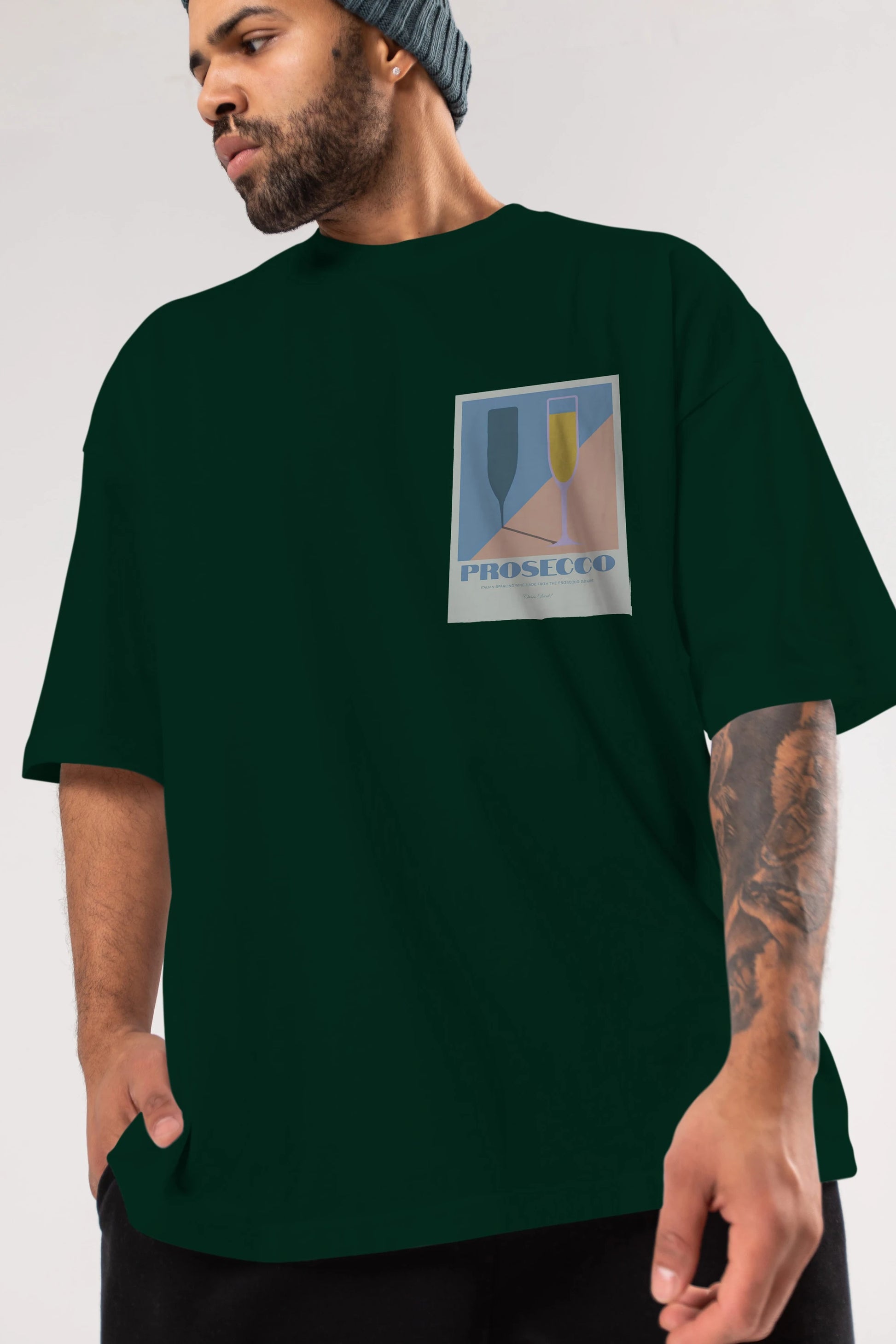 Prosecco Ön Sol Baskılı Oversize t-shirt Erkek Kadın Unisex %100 Pamuk Bisiklet Yaka tişort