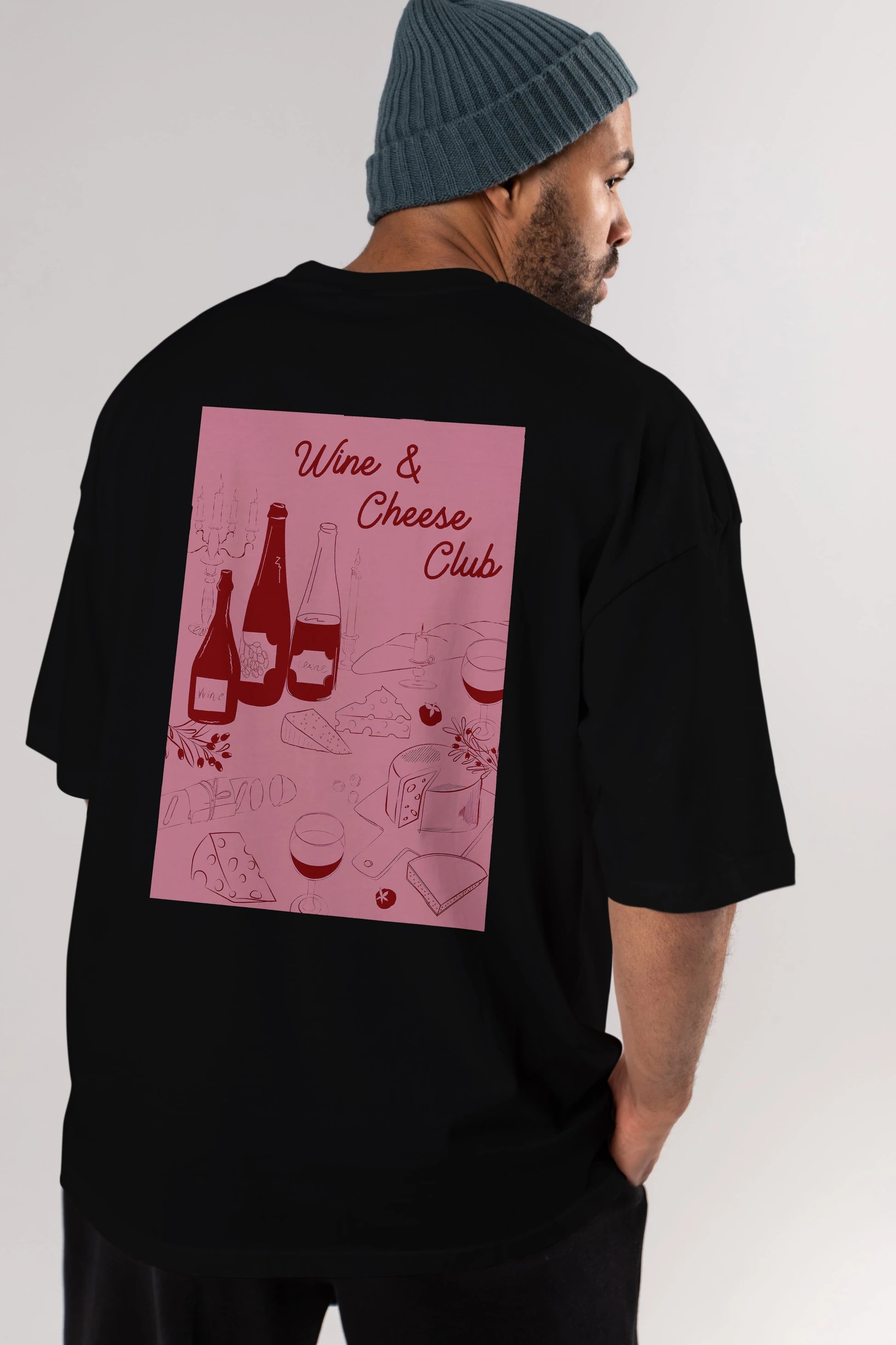 Wine Cheese Club Arka Baskılı Oversize t-shirt Erkek Kadın Unisex %100 Pamuk Bisiklet Yaka tişort