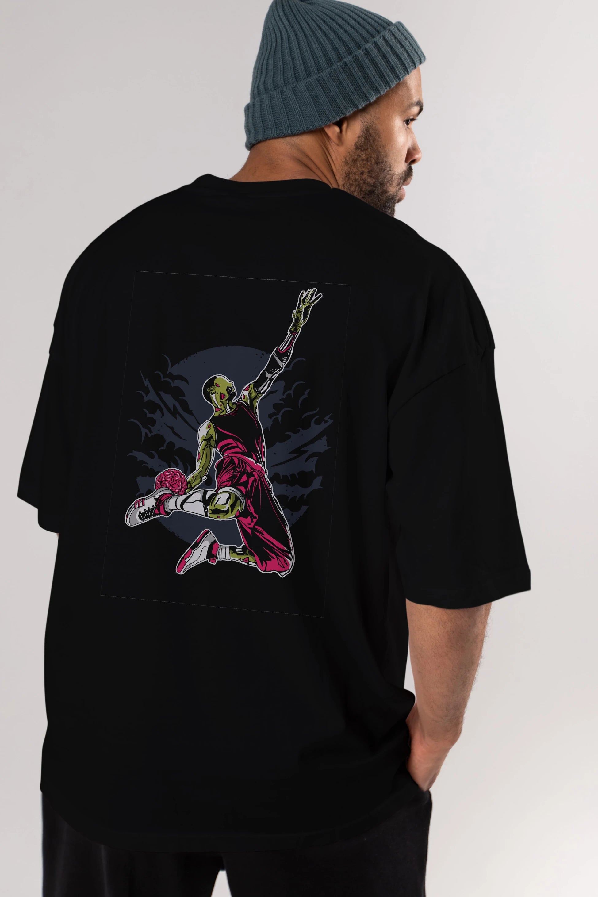 Zombie Slam Dunk Arka Baskılı Oversize t-shirt Erkek Kadın Unisex %100 Pamuk