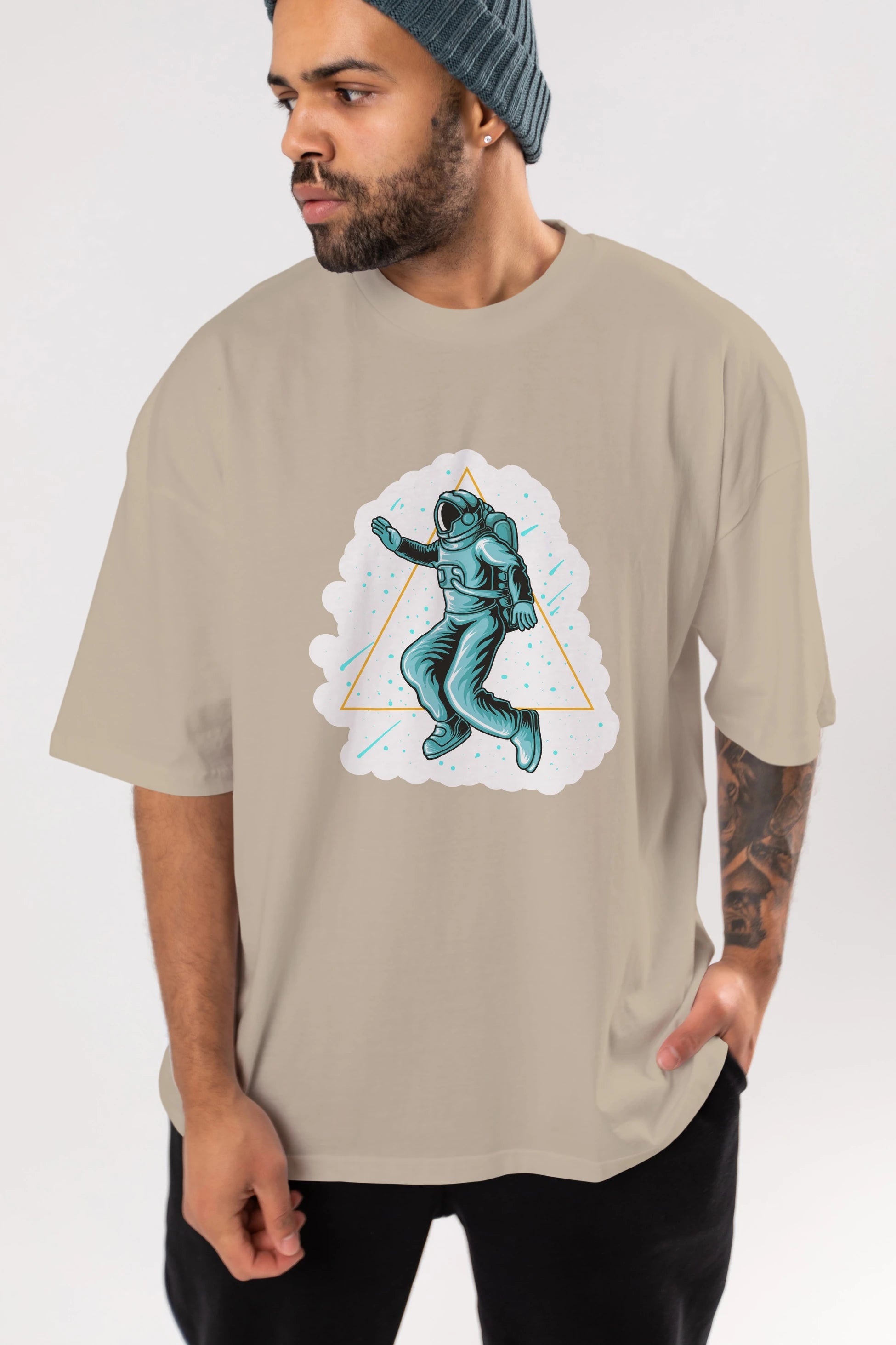Astronaut Starry Triangle Sticker Ön Baskılı Oversize t-shirt Erkek Kadın Unisex