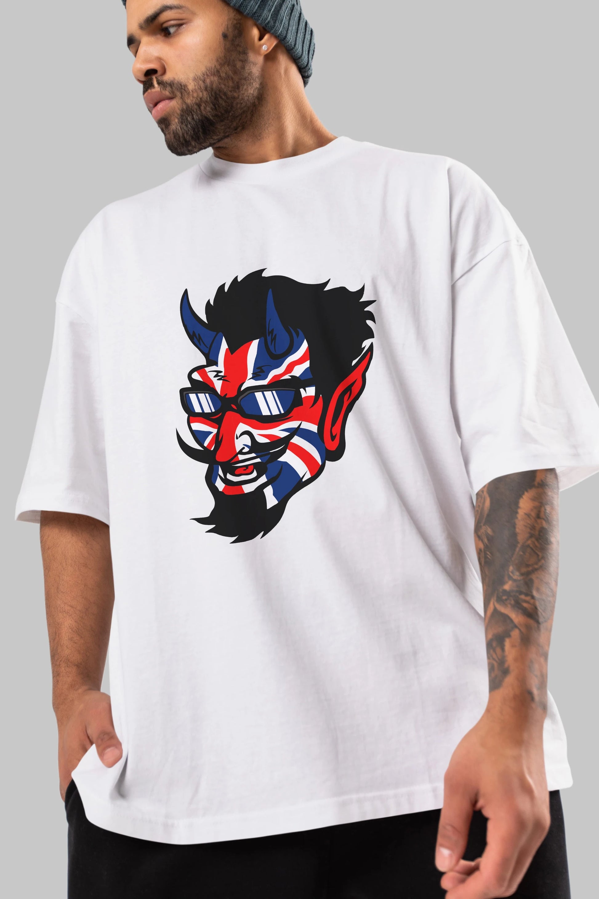 UK Devil Ön Baskılı Oversize t-shirt Erkek Kadın Unisex %100 Pamuk tişort