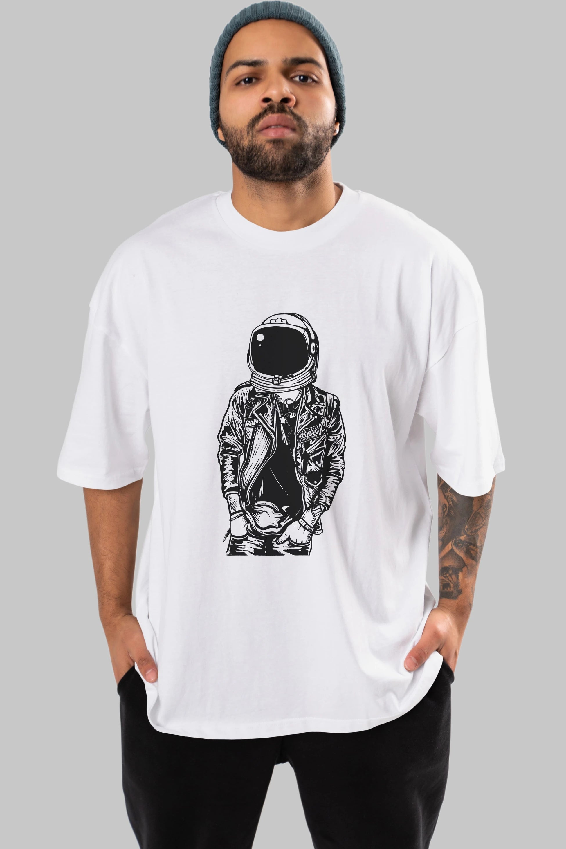 Astronaut Punkster Ön Baskılı Oversize t-shirt Erkek Kadın Unisex %100 Pamuk tişort