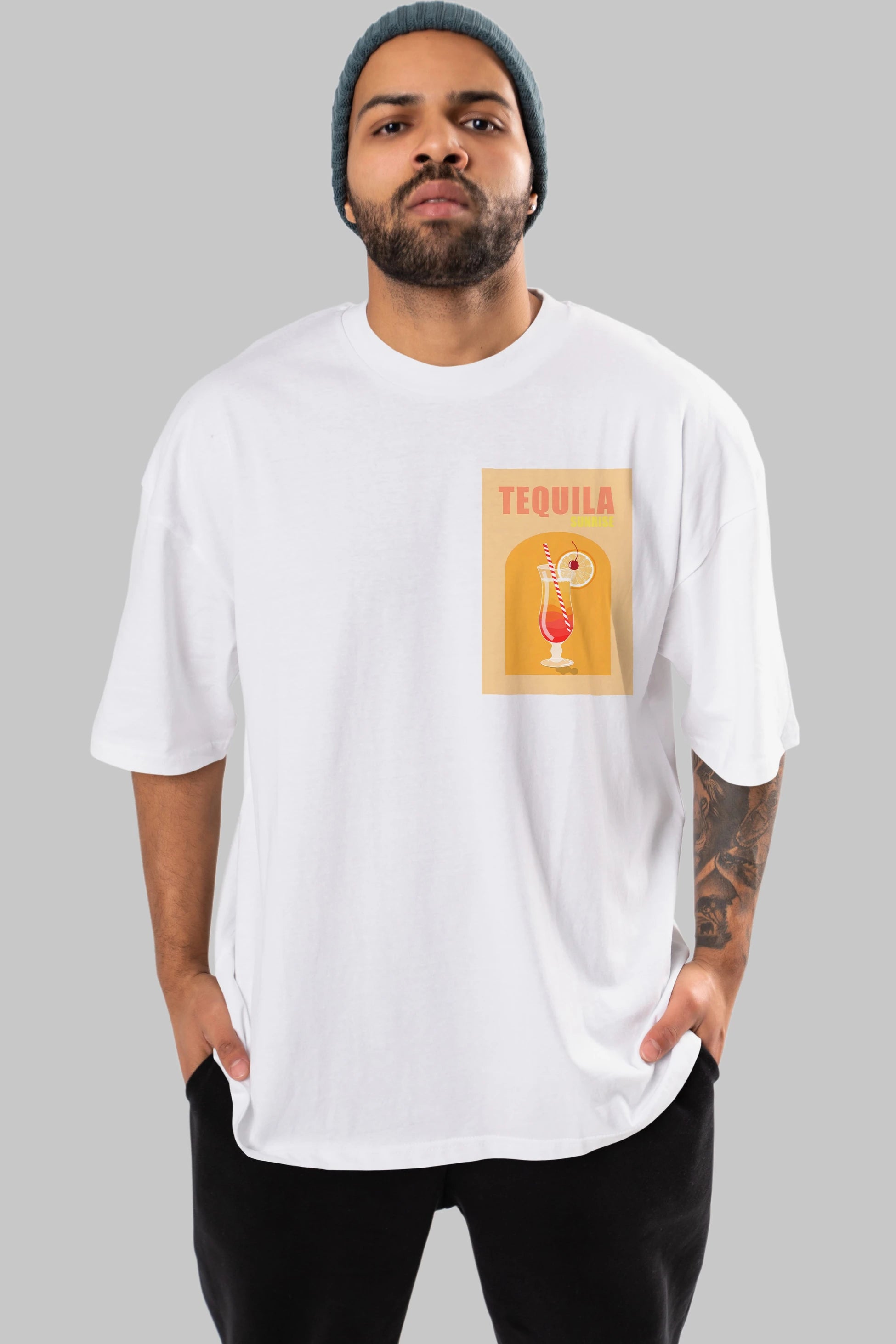 Tequila Sunrise Ön Sol Baskılı Oversize t-shirt Erkek Kadın Unisex %100 Pamuk Bisiklet Yaka tişort