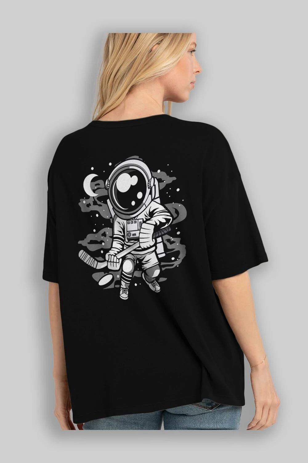 Hockey Player Astronaut Arka Baskılı Oversize t-shirt Erkek Kadın Unisex