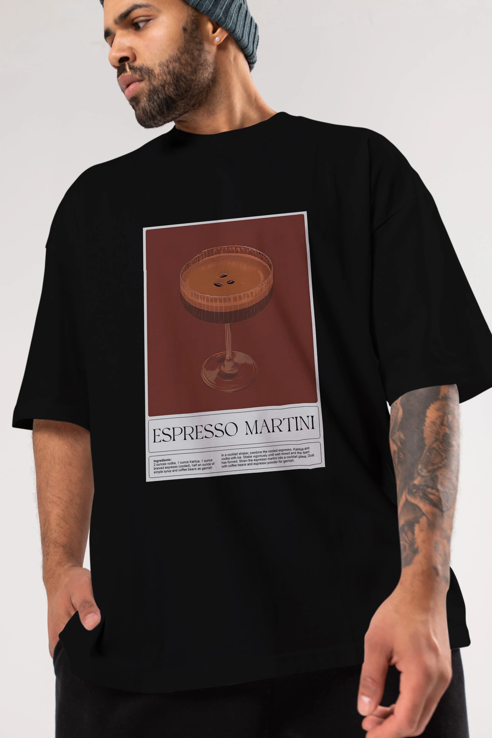 Espresso Martini Ön Baskılı Oversize t-shirt Erkek Kadın Unisex %100 Pamuk Bisiklet Yaka tişort