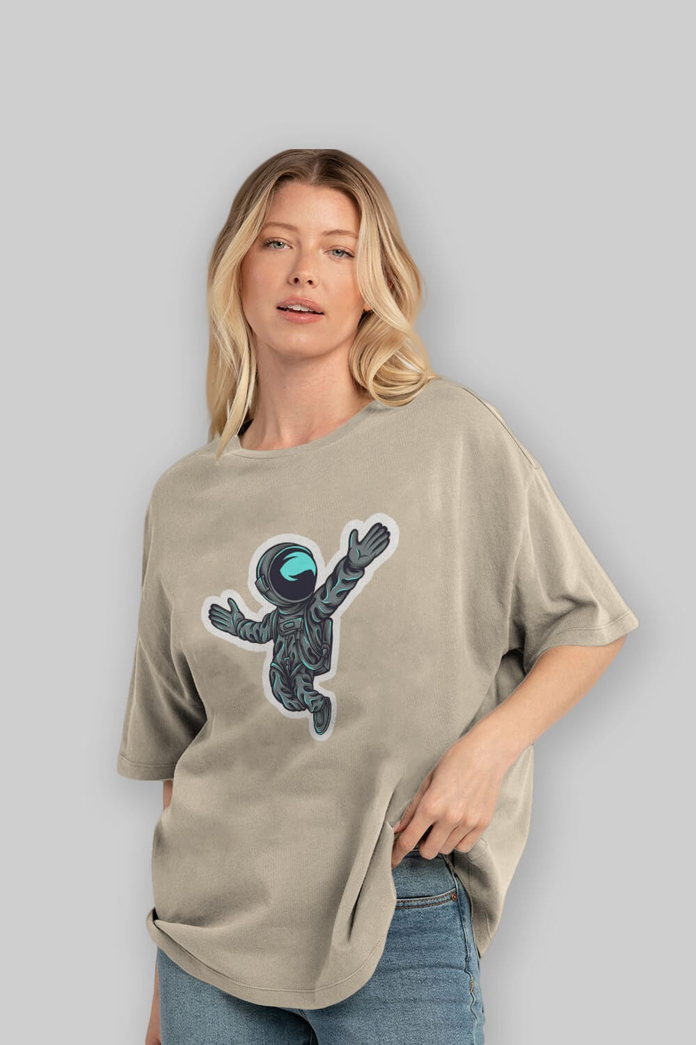 Happy Astronaut Sticker Ön Baskılı Oversize t-shirt Erkek Kadın Unisex