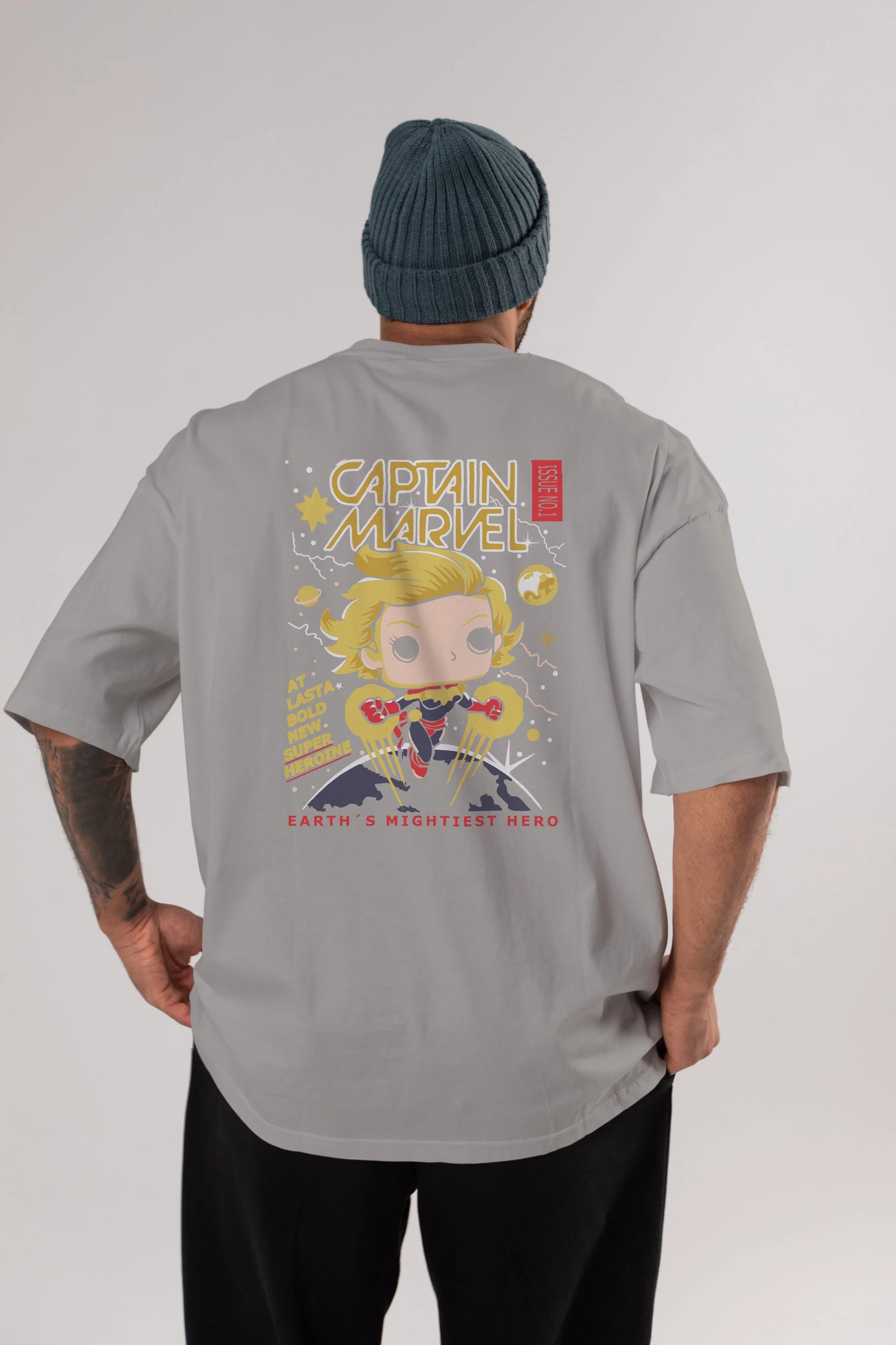 Captain Marvel Arka Baskılı Oversize t-shirt Erkek Kadın Unisex %100 Pamuk Bisiklet Yaka tişort