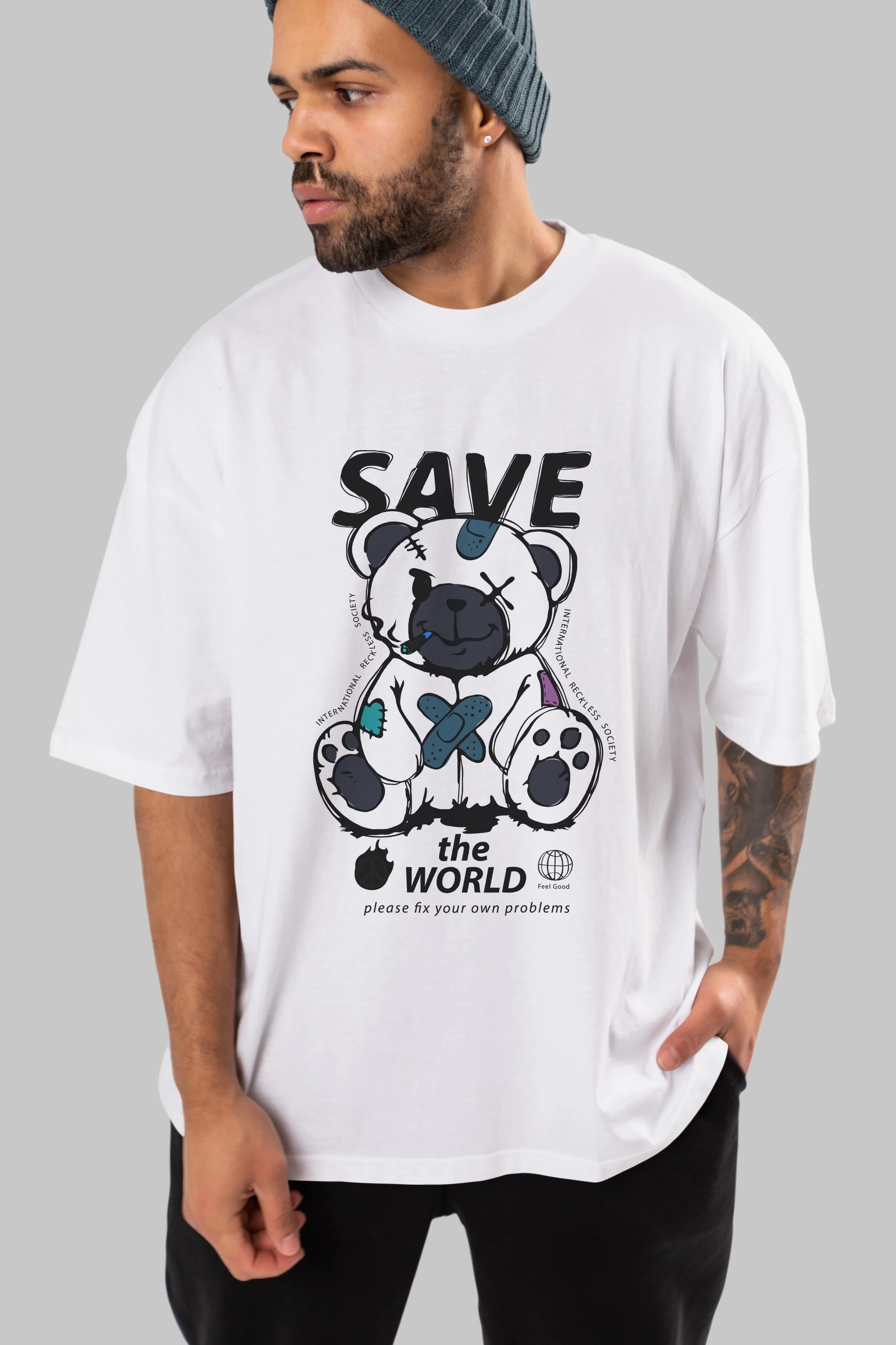 Save the World Bear Ön Baskılı Oversize t-shirt Erkek Kadın Unisex