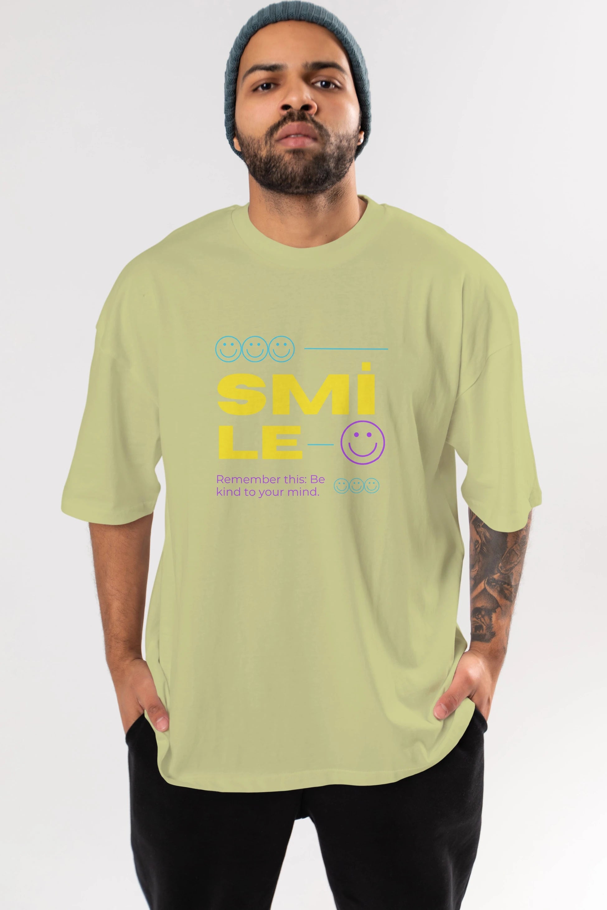 Smile Yazılı 2 Ön Baskılı Oversize t-shirt Erkek Kadın Unisex