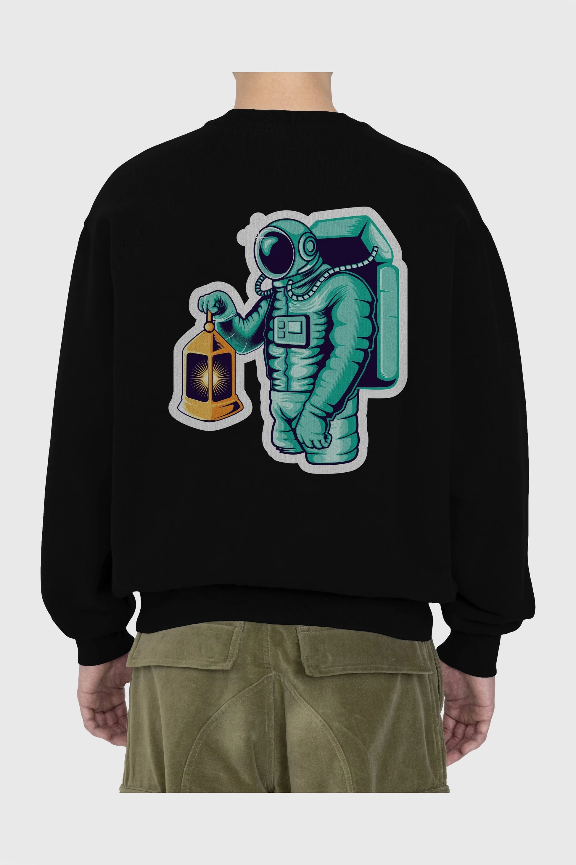 Astronaut Lantern Sticker Arka Baskılı Oversize Sweatshirt Erkek Kadın Unisex