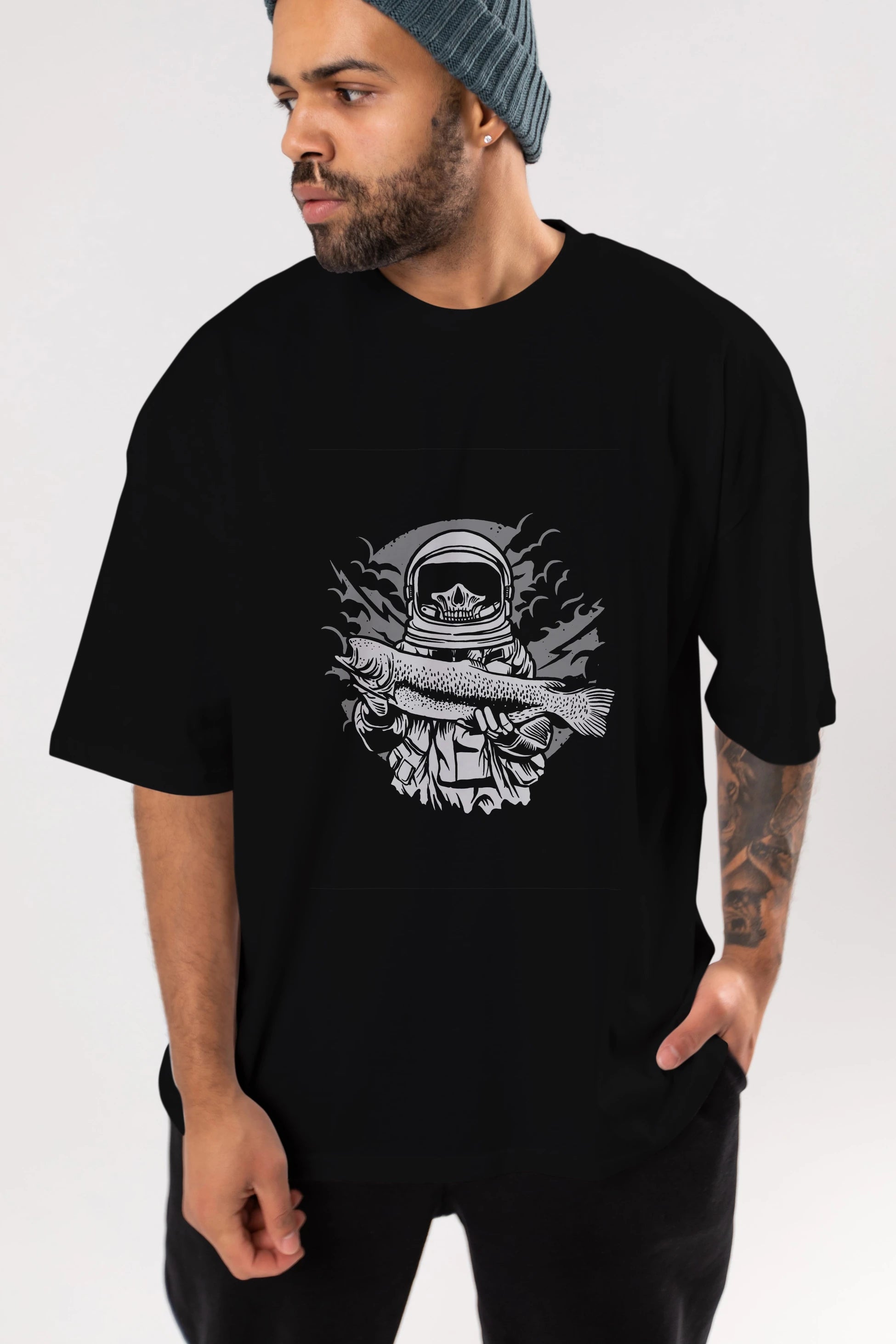 Astronaut Fishing Ön Baskılı Oversize t-shirt Erkek Kadın Unisex %100 Pamuk tişort