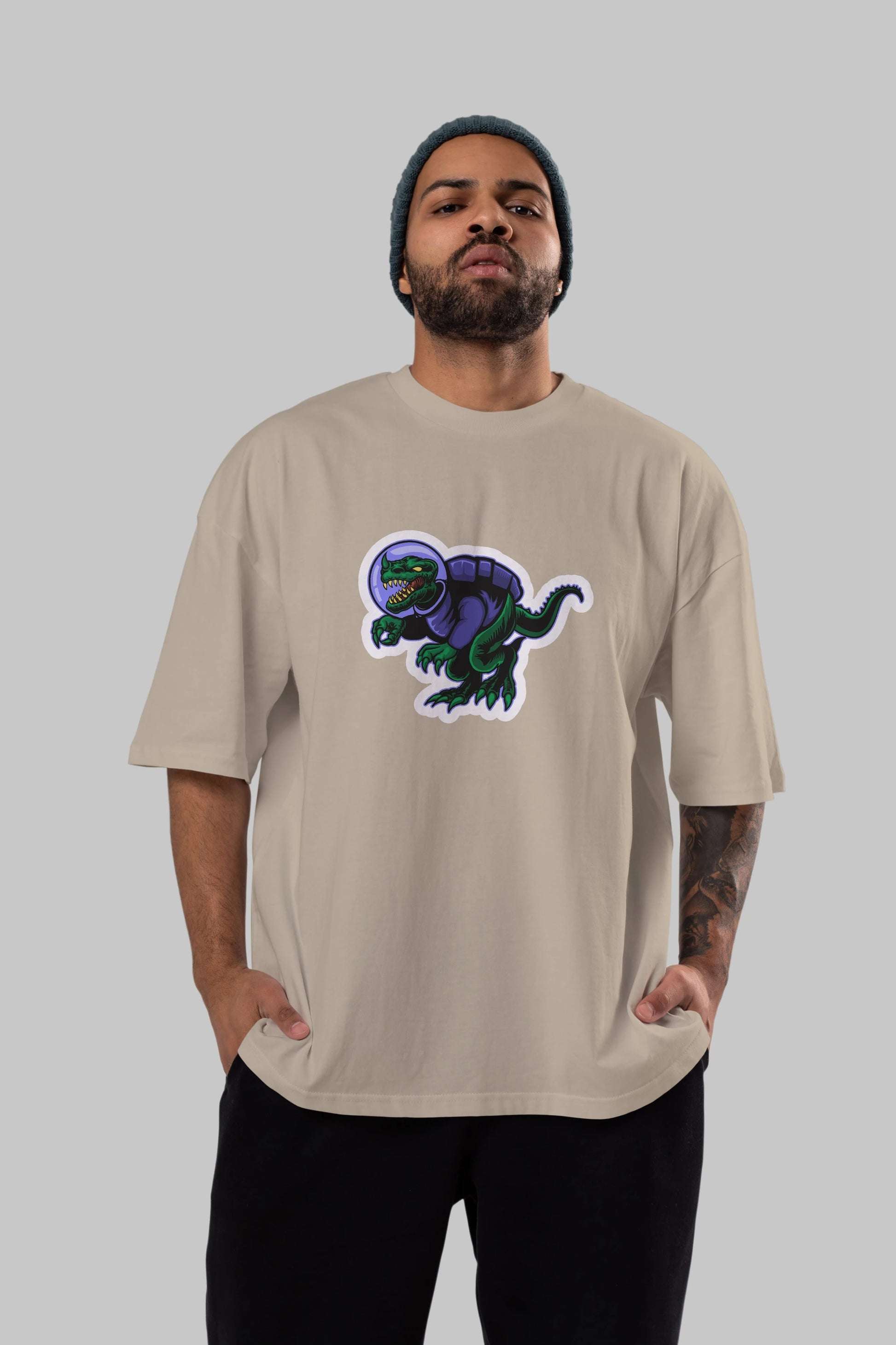 Space Dino Sticker Ön Baskılı Oversize t-shirt Erkek Kadın Unisex