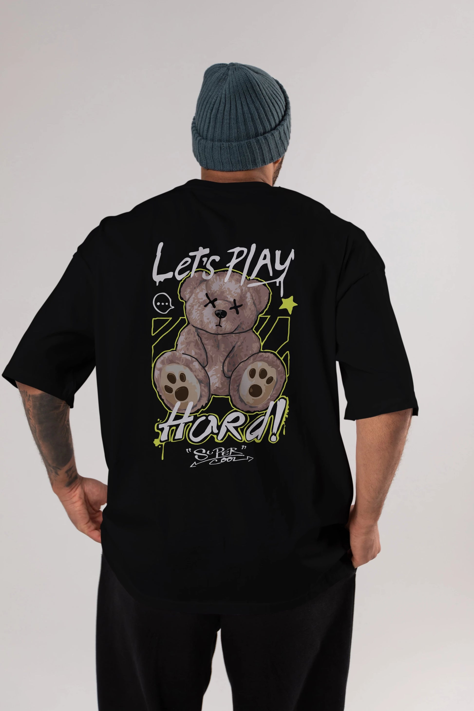 Lets Play Hard Bear Arka Baskılı Oversize t-shirt Erkek Kadın Unisex
