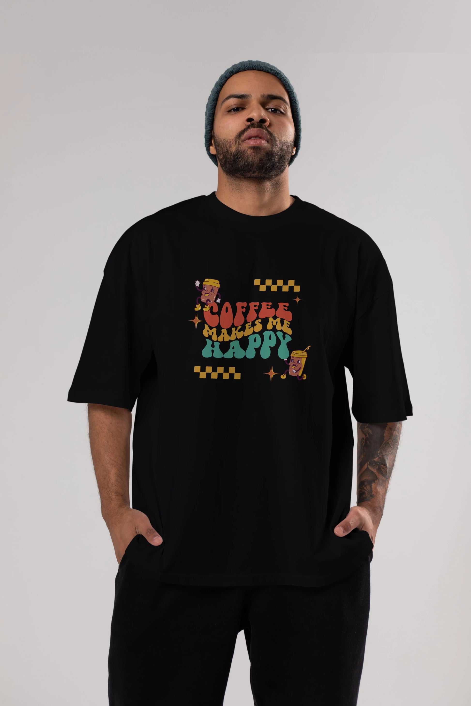 Coffee Makes Me Happy Yazılı Ön Baskılı Oversize t-shirt Erkek Kadın Unisex