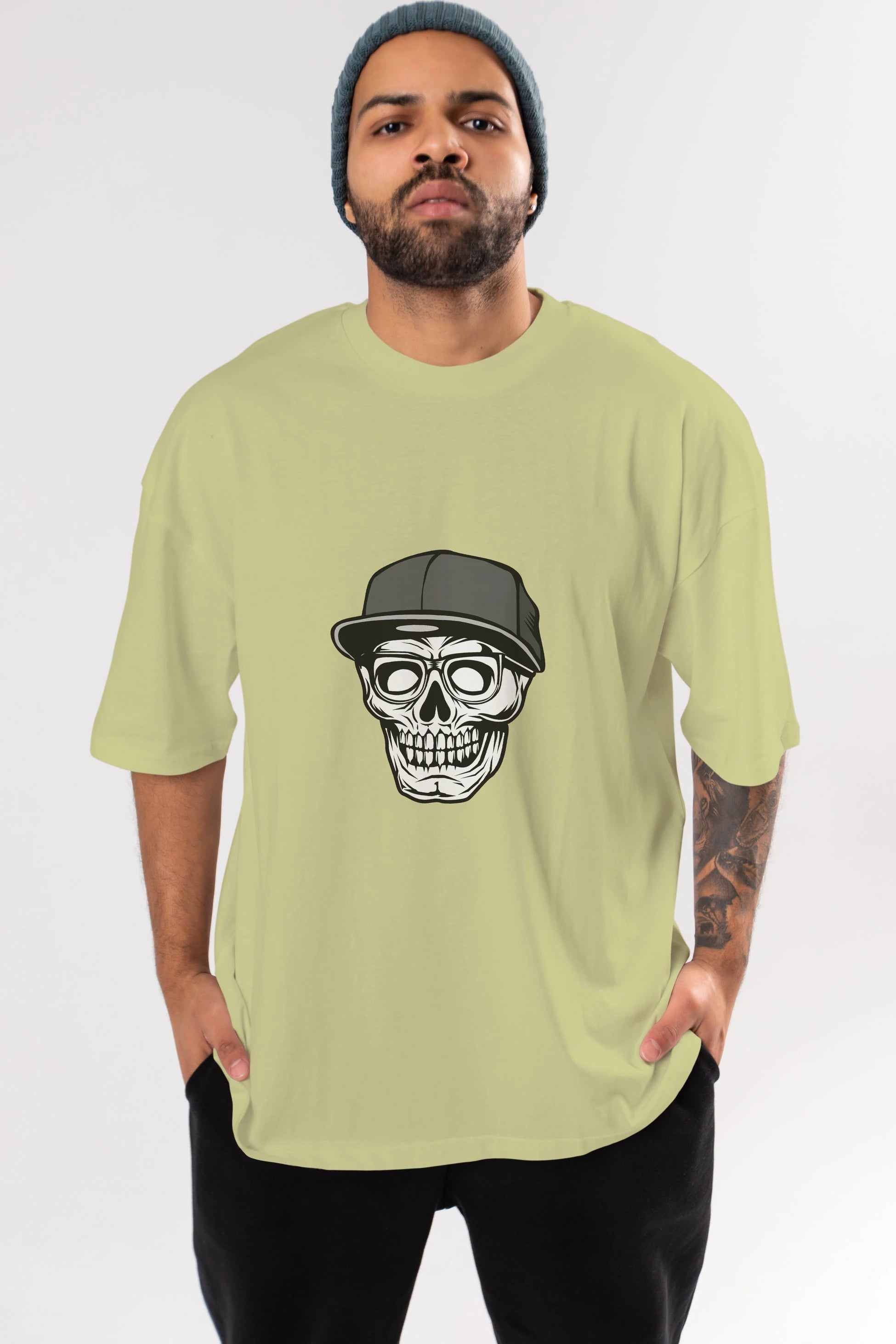 Skull With Hat Ön Baskılı Oversize t-shirt Erkek Kadın Unisex %100 Pamuk tişort
