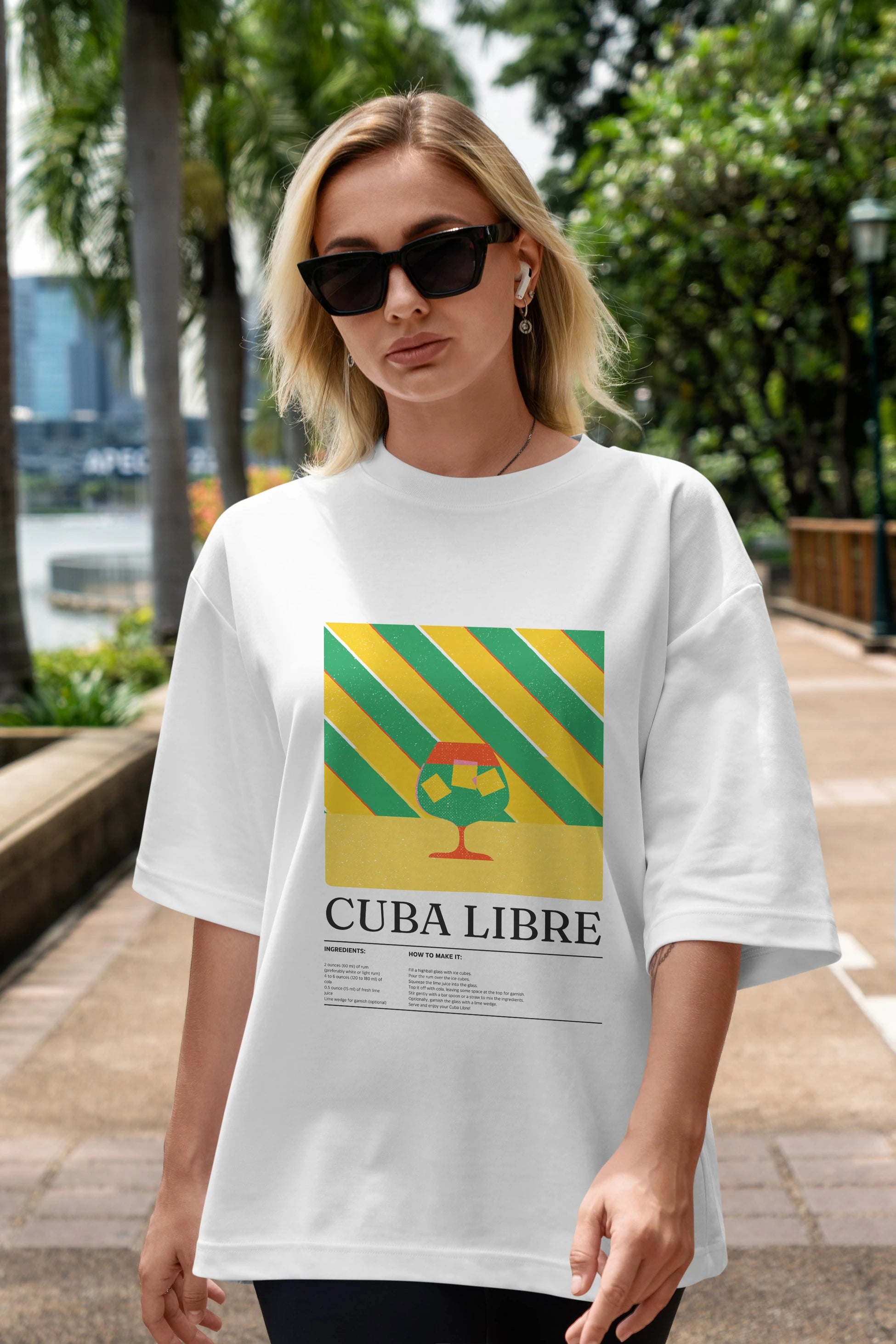 Cuba Libre Kokteyl Ön Baskılı Oversize t-shirt Erkek Kadın %100 Pamuk Bisiklet Yaka tişort