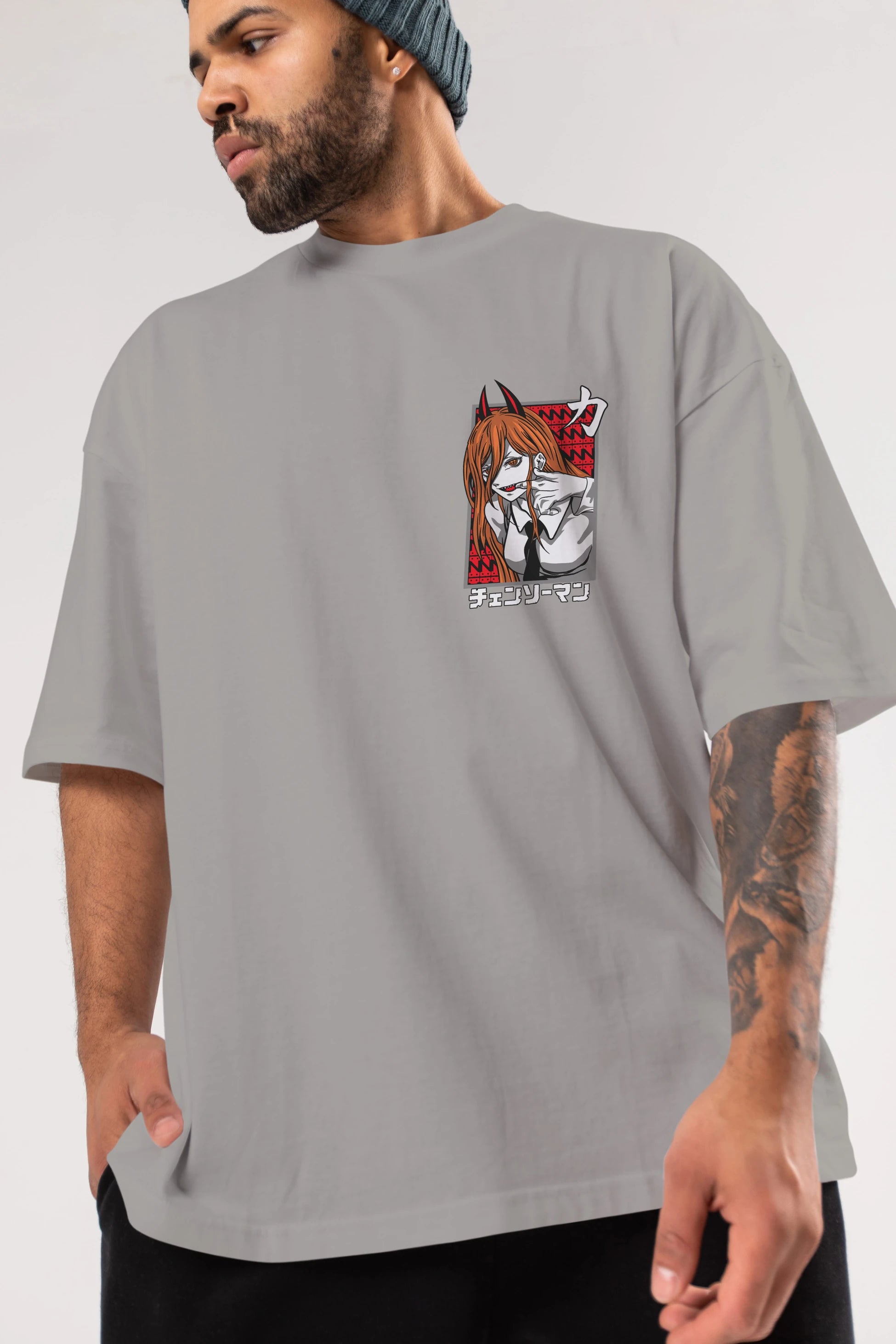 CHAINSAWMAN POWER Ön Sol Baskılı Oversize t-shirt Erkek Kadın Unisex %100 Pamuk Bisiklet Yaka tişort