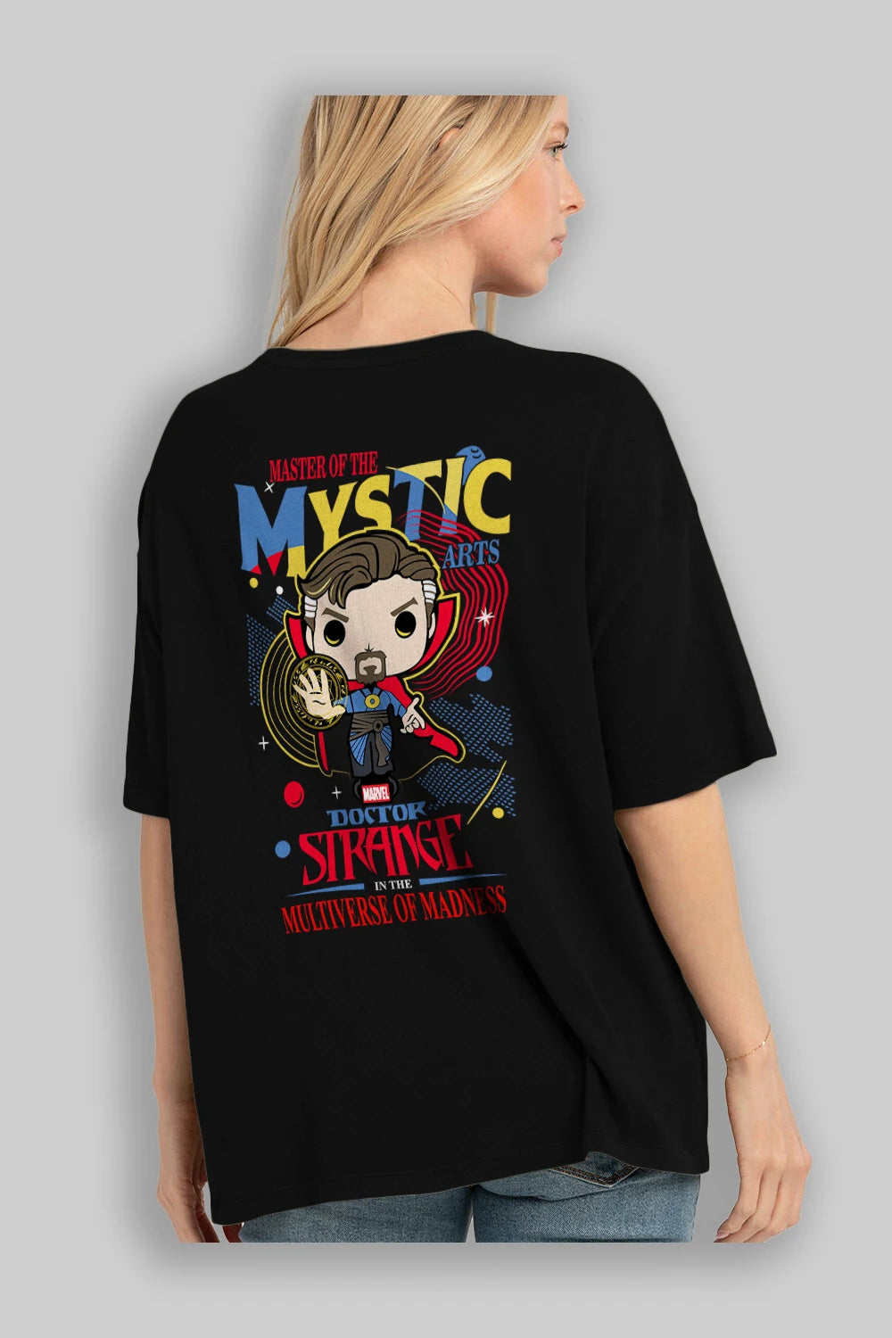 Doctor Strange Arka Baskılı Oversize t-shirt Erkek Kadın Unisex %100 Pamuk Bisiklet Yaka tişort