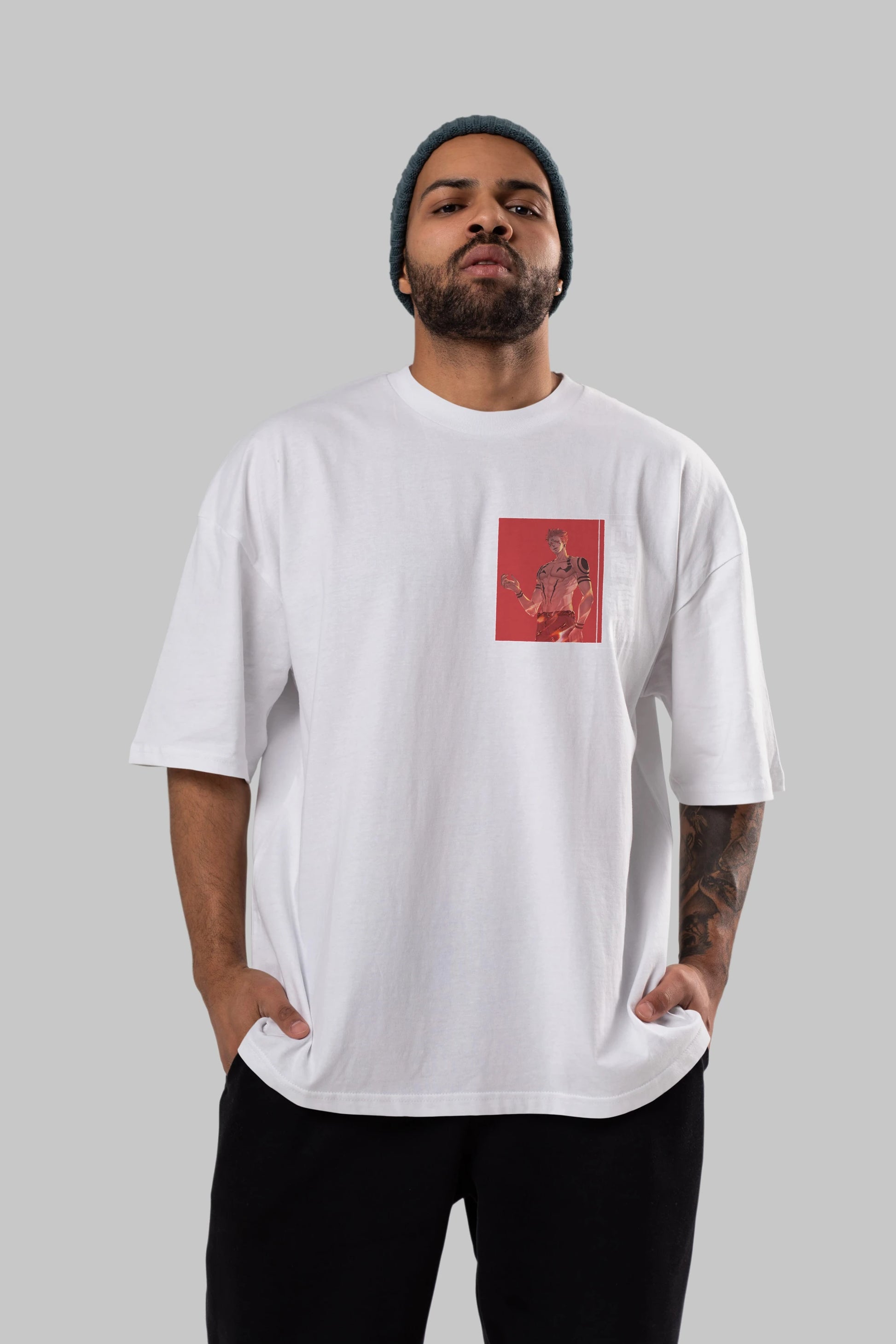 Sukuna Ryoumen 3 Ön Sol Baskılı Oversize t-shirt Erkek Kadın Unisex %100 Pamuk Bisiklet Yaka tişort