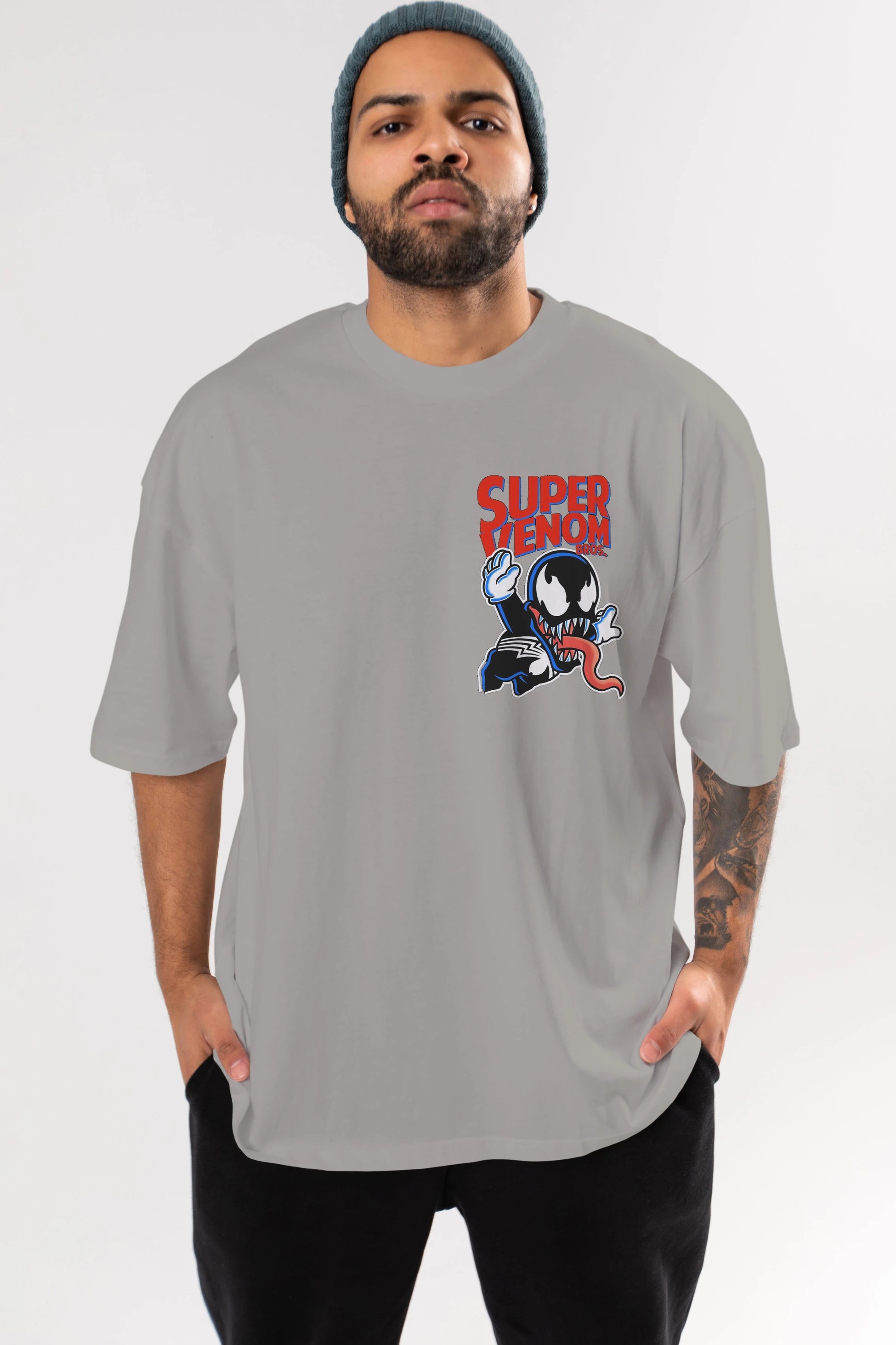Super Venom Ön Sol Baskılı Oversize t-shirt Erkek Kadın Unisex %100 Pamuk Bisiklet Yaka tişort
