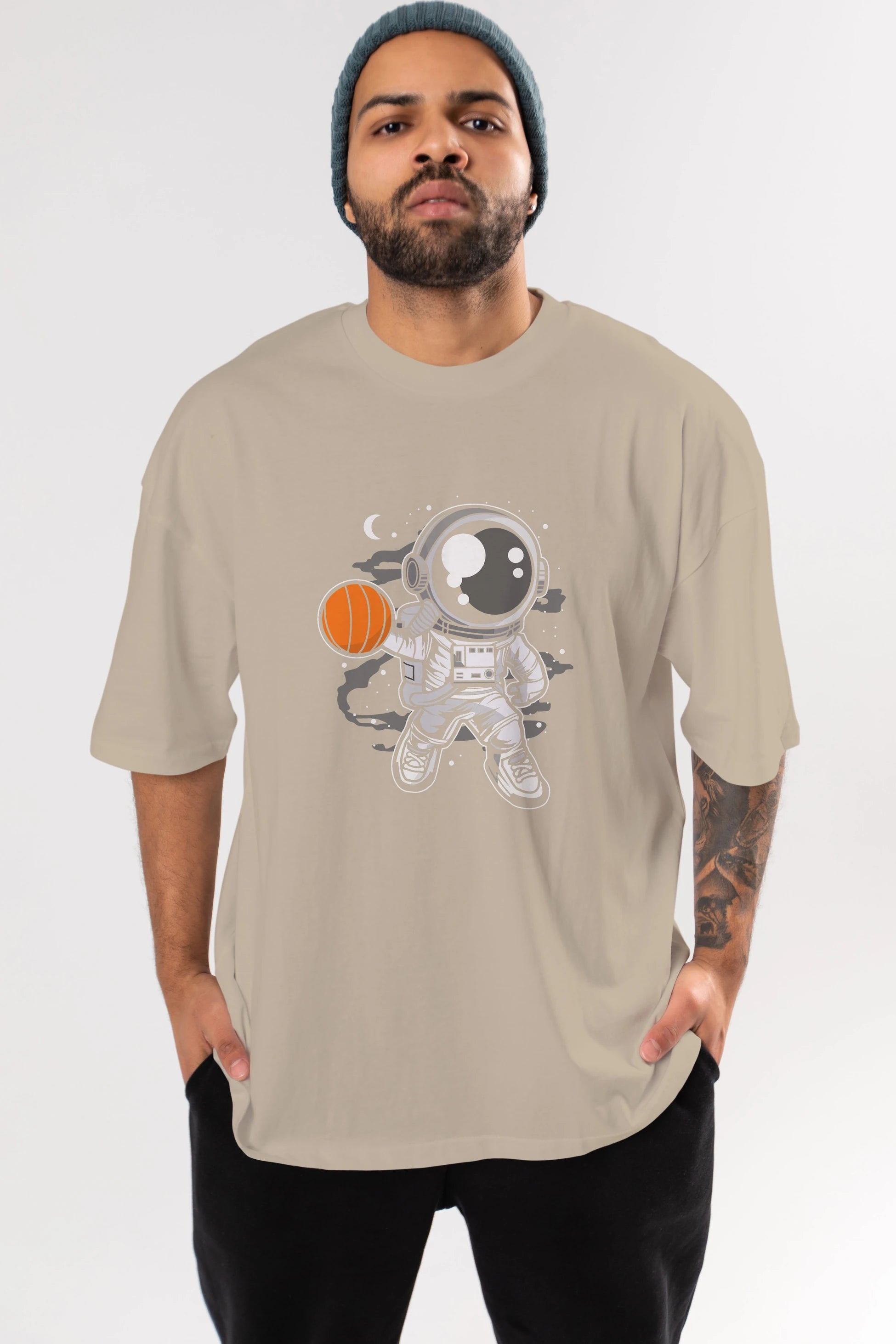 Astronaut Basketball Ön Baskılı Oversize t-shirt Erkek Kadın Unisex