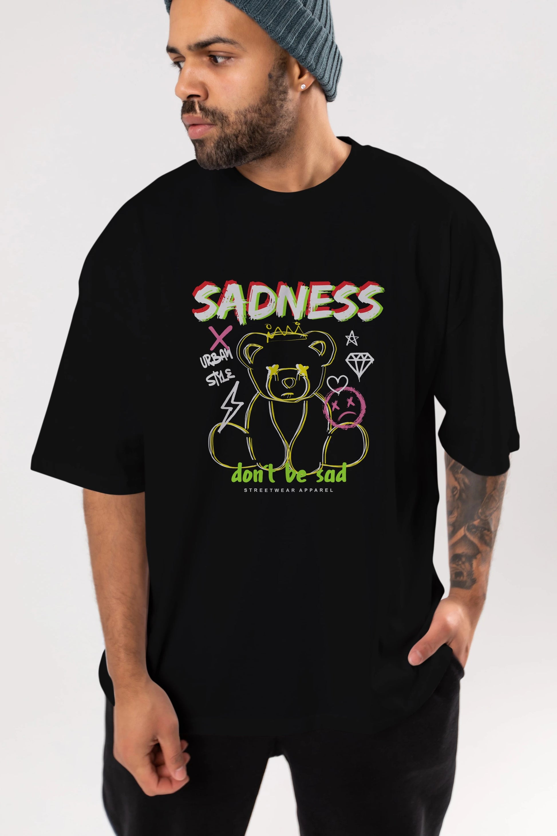 Teddy Bear Sadness Ön Baskılı Oversize t-shirt Erkek Kadın Unisex
