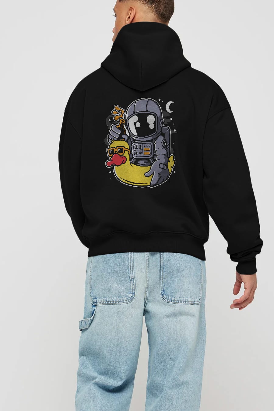 Astronaut Duck Balloon Arka Baskılı Hoodie Oversize Kapüşonlu Sweatshirt Erkek Kadın Unisex