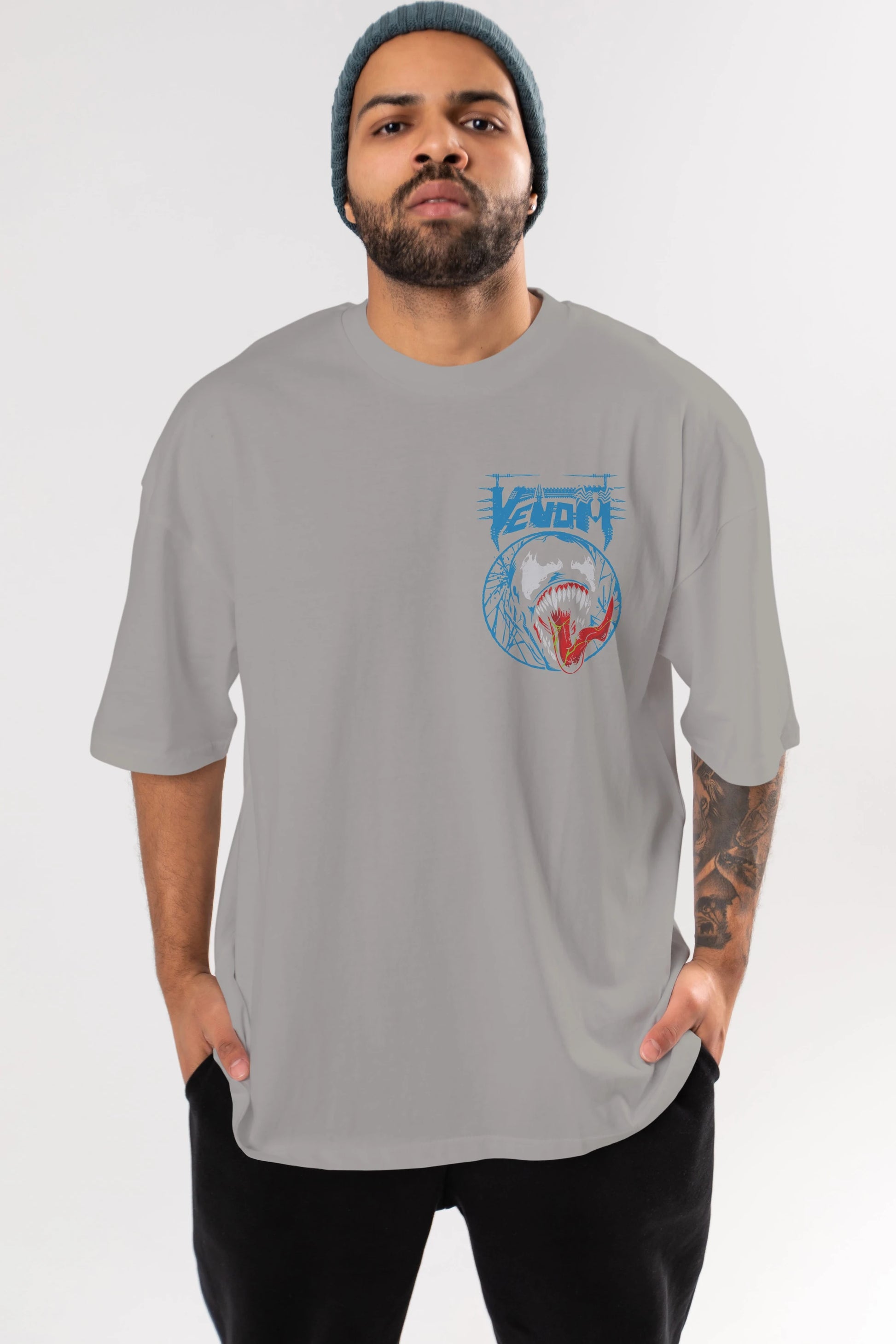 Venom (23) Ön Sol Baskılı Oversize t-shirt Erkek Kadın Unisex %100 Pamuk Bisiklet Yaka tişort