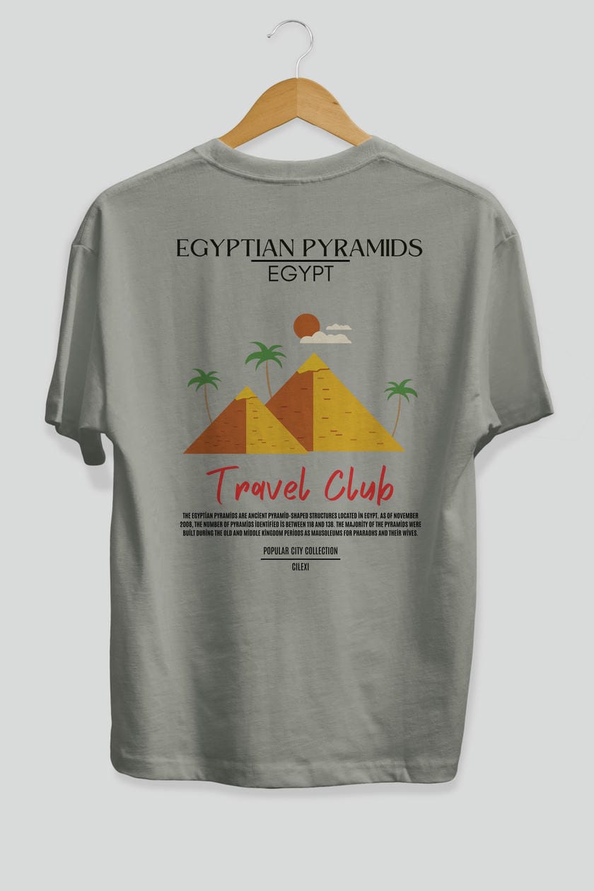Egyptian Pyramids Egypt Arka Baskılı Oversize t-shirt Erkek Kadın Pamuk Bisiklet Yaka tişort