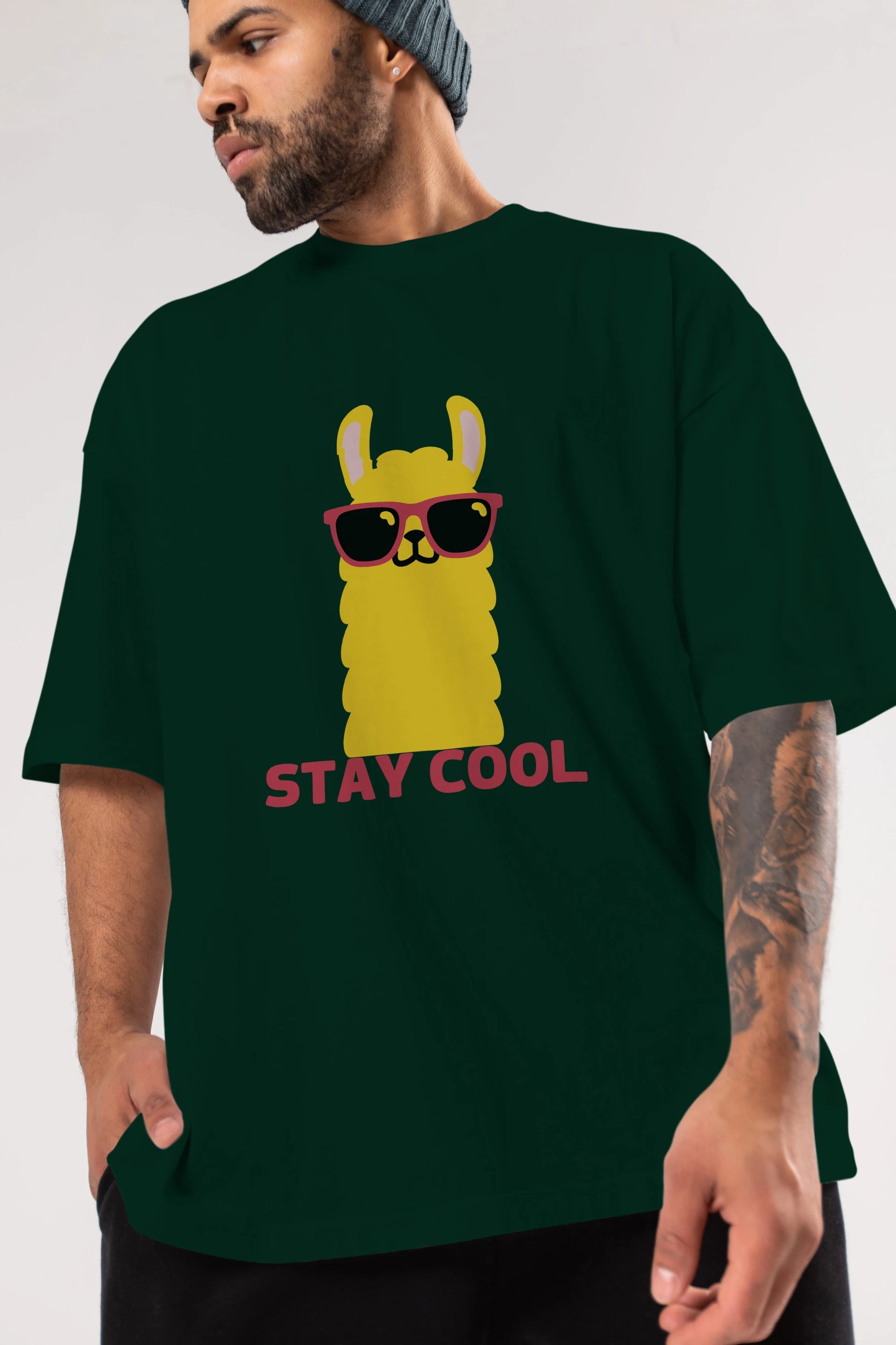 Stay Cool Yazılı Lama Ön Baskılı Oversize t-shirt Erkek Kadın Unisex